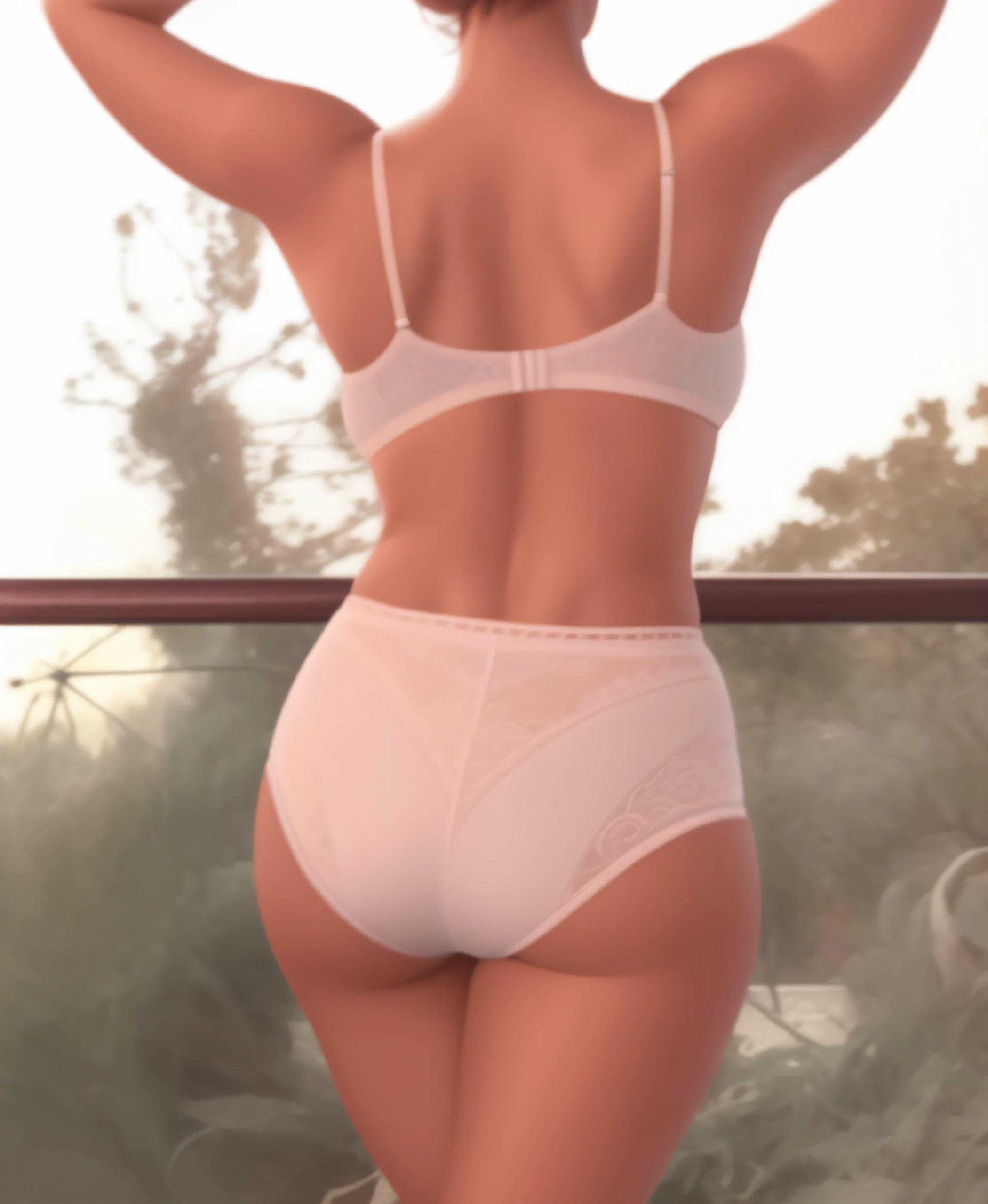 Curvy Caucasian woman, in white bra, white cotton panties, realistic art style, intricate details