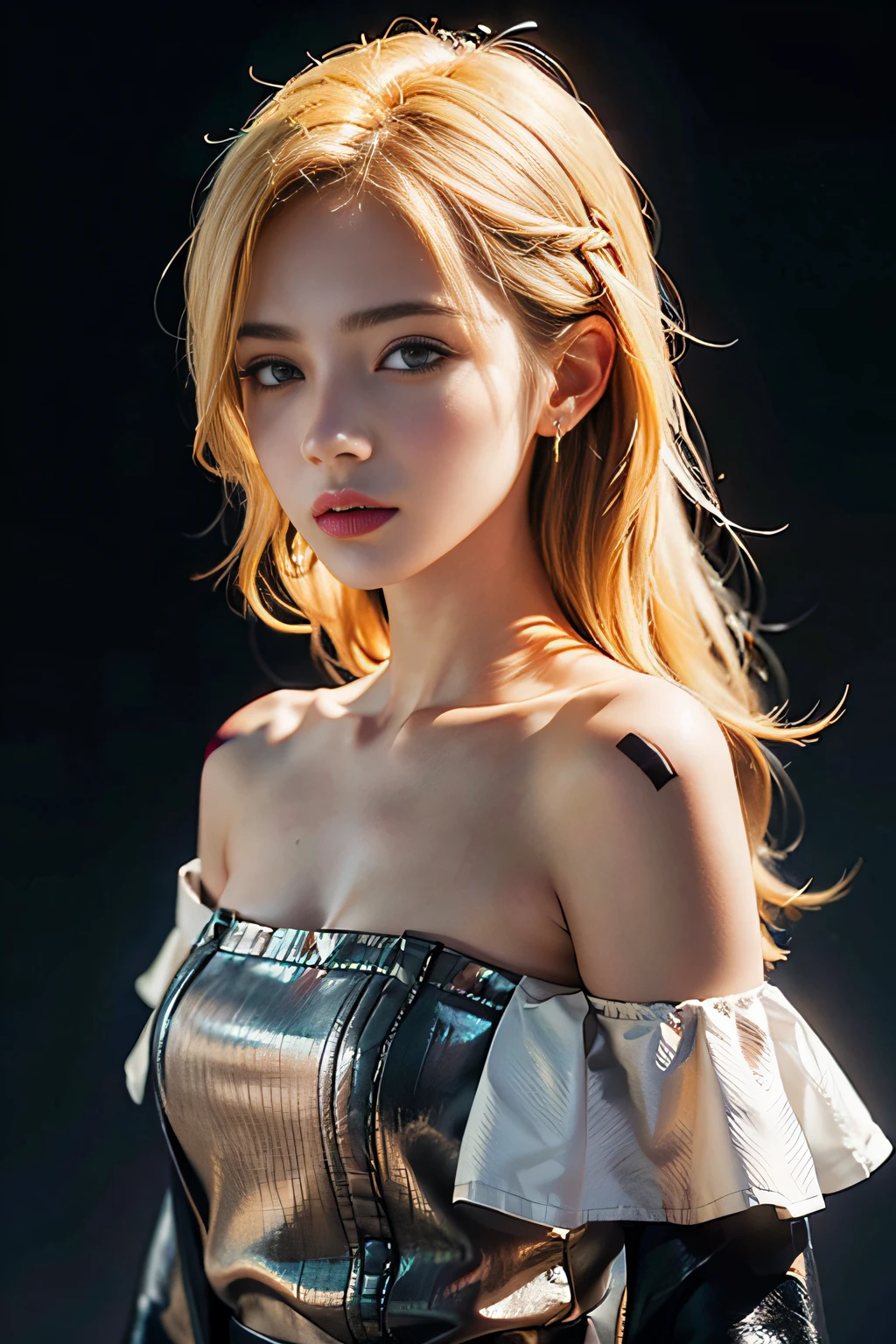 22-year-old woman, (high top fade: 1.3), long hair, dark theme, soothing tones, muted colors, high contrast, big, off-the-shoulder clothes, upper body, blonde (natural skin texture, hyperrealism, soft light, sharp), blonde