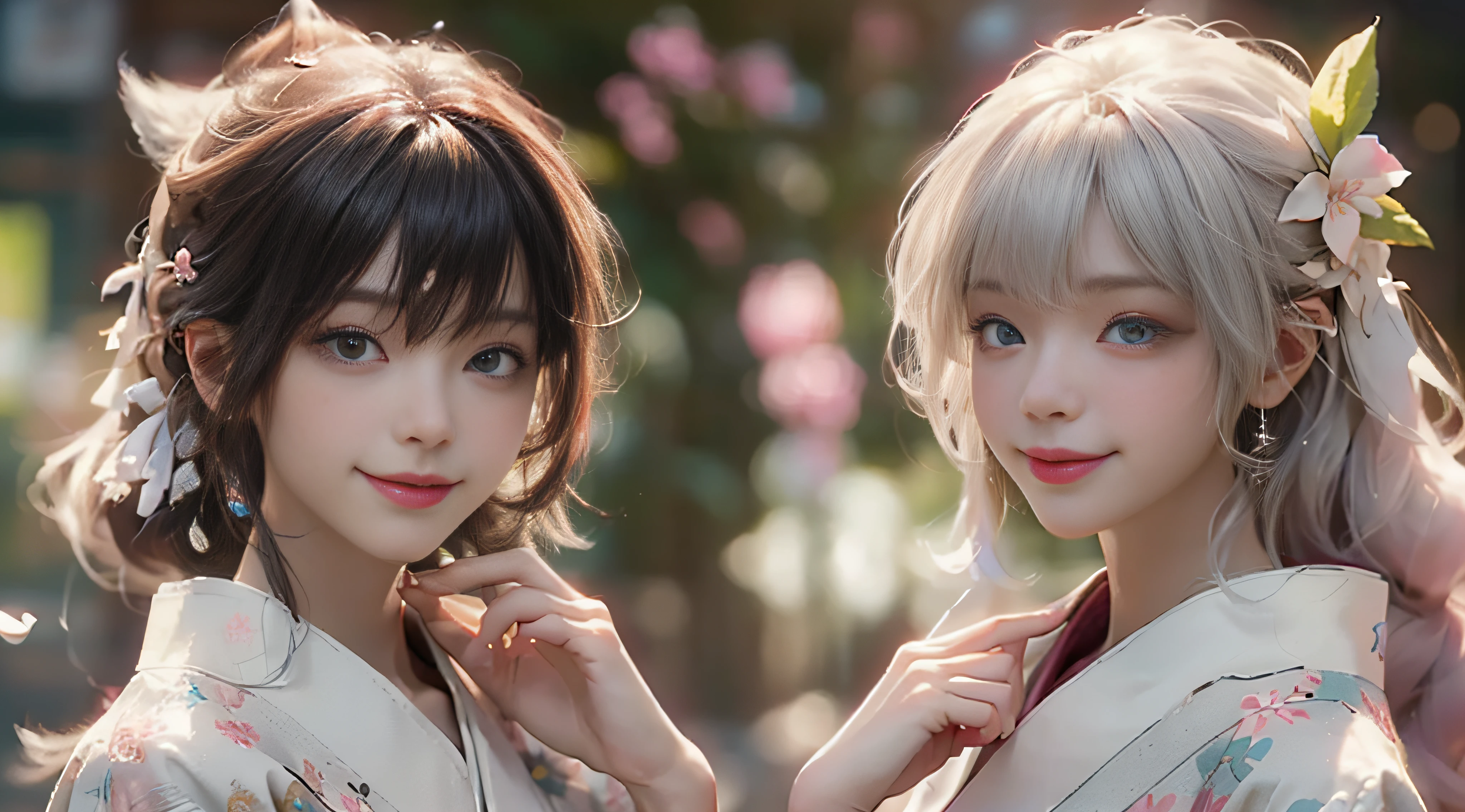 ((Best Quality)), ((Masterpiece)), (Detail: 1.4), 3D, Beautiful Cyberpunk Female Image, HDR (High Dynamic Range), Ray Tracing, NVIDIA RTX, Super Resolution, Unreal 5, Subsurface Scattering, PBR Texture, Post-Processing, Anisotropic Filtering, Depth of Field, Maximum Sharpness and Sharpness, Multi-layer Texture, Albedo and Highlight Mapping, Surface Coloring, Mitsu-Accurate Simulation of Material Interactions, Perfect Proportions, Octane Rendering, Two-color Light, Large Aperture, Low ISO, white balance, regular three-point, 8K RAW, beautiful bright pupils, flowing robe, fine pupils, delicate face and eyes, long eyelashes, blush, fluffy hair, pink lips, pure, cute, cherry blossom petals falling, smile without showing teeth