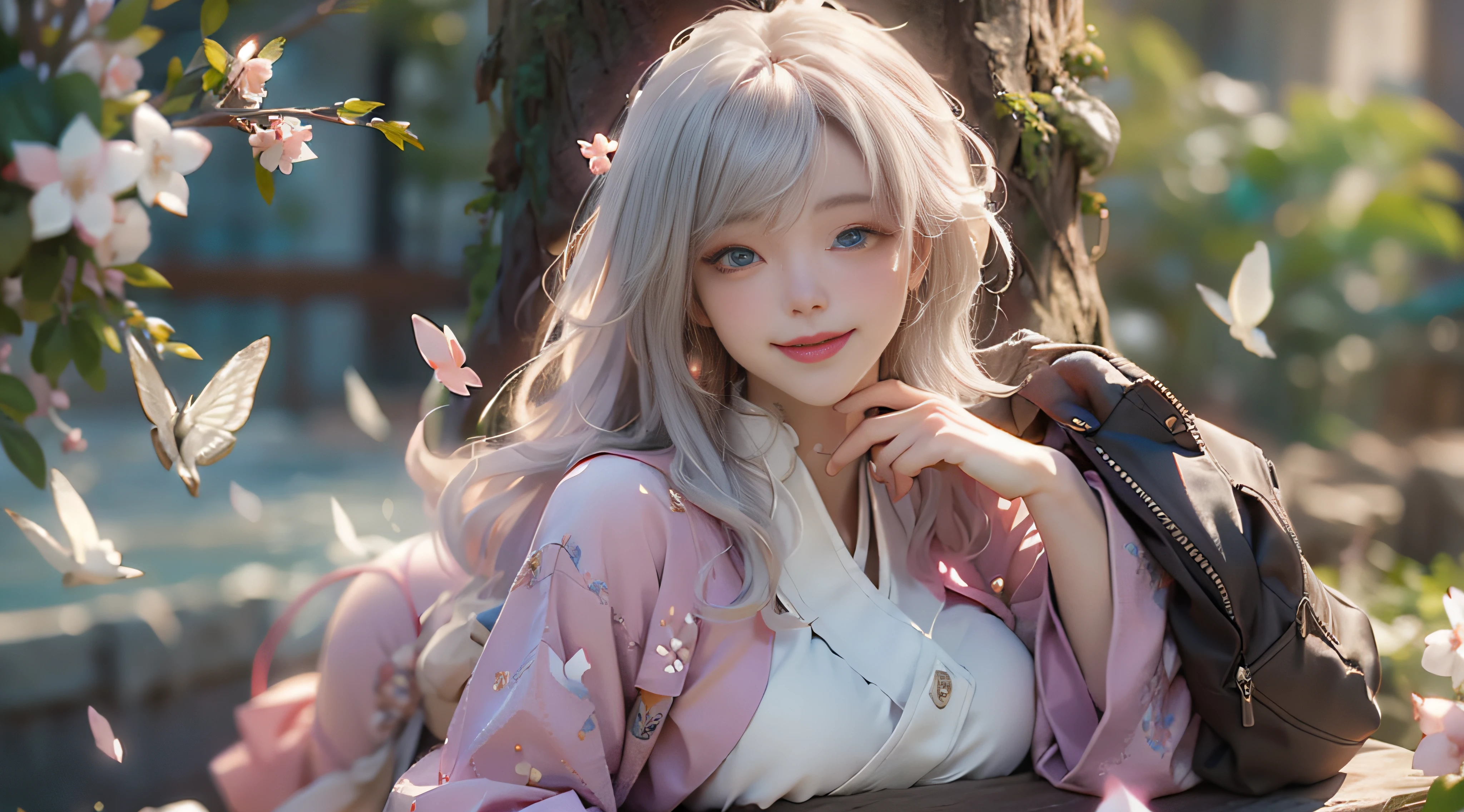 ((Best Quality)), ((Masterpiece)), (Detail: 1.4), 3D, Beautiful Cyberpunk Female Image, HDR (High Dynamic Range), Ray Tracing, NVIDIA RTX, Super Resolution, Unreal 5, Subsurface Scattering, PBR Texture, Post-Processing, Anisotropic Filtering, Depth of Field, Maximum Sharpness and Sharpness, Multi-layer Texture, Albedo and Highlight Mapping, Surface Coloring, Mitsu-Accurate Simulation of Material Interactions, Perfect Proportions, Octane Rendering, Two-color Light, Large Aperture, Low ISO, white balance, regular three-point, 8K RAW, beautiful bright pupils, flowing robe, fine pupils, delicate face and eyes, long eyelashes, blush, fluffy hair, pink lips, pure, cute, cherry blossom petals falling, smile without showing teeth