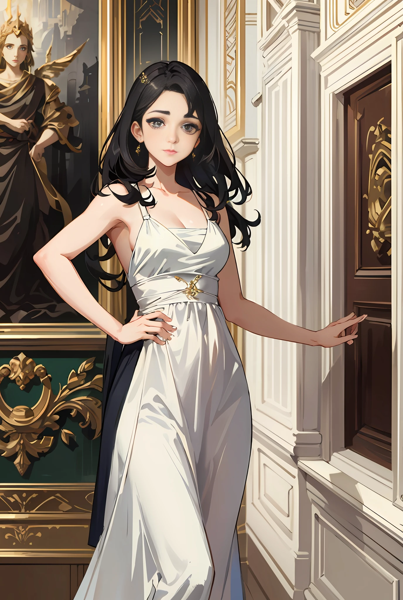 Model shooting style, (extremely detailed CG Unity 8k wallpaper), full-shot body photo of the most beautiful artwork in the world, stunning beautiful photo realistic available, super realistic super detailed photo, a beautiful girl as a female dancer entering the Loggia dei Lanzi of Florence,complex dress, banquet, crowd, [slight smile], (Sculpture of Hercules background), (princess eyes, shining pupils), detailed symmetrical beautiful hazel eyes, detailed gorgeous face, highly detailed, Vibrant, professional majestic oil painting by Ed Blinkey, Atey Ghailan, Studio Ghibli, Jeremy Mann, Greg Manchess, Antonio Moro, ArtStation Trends, CGSociety Trends, Complex, High Detail, Sharp Focus, Dramatic, Realistic Painting Art, by Midjourney and Greg Written by Rutkowski
