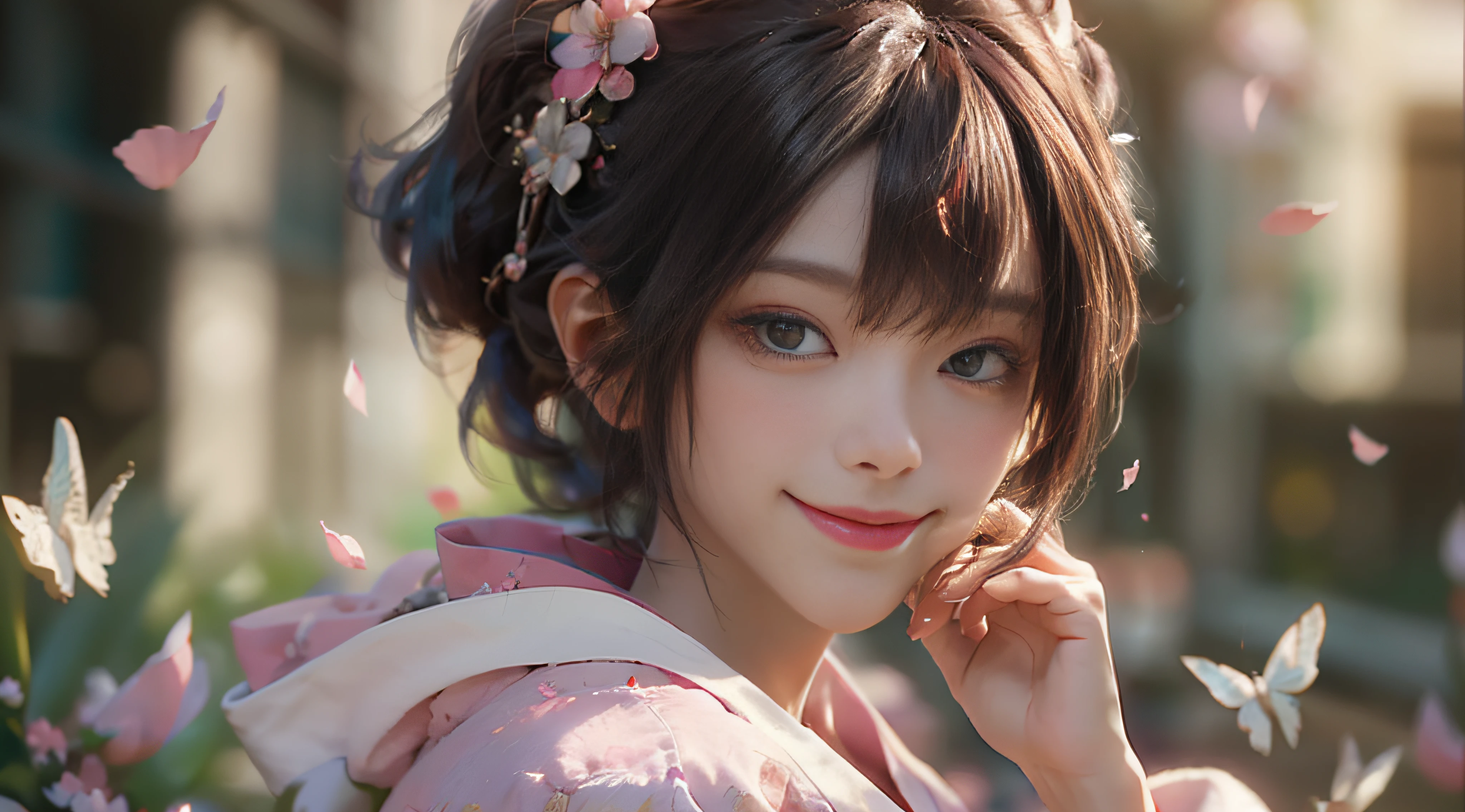 ((Best Quality)), ((Masterpiece)), (Detail: 1.4), 3D, Beautiful Cyberpunk Female Image, HDR (High Dynamic Range), Ray Tracing, NVIDIA RTX, Super Resolution, Unreal 5, Subsurface Scattering, PBR Texture, Post-Processing, Anisotropic Filtering, Depth of Field, Maximum Sharpness and Sharpness, Multi-layer Texture, Albedo and Highlight Mapping, Surface Coloring, Mitsu-Accurate Simulation of Material Interactions, Perfect Proportions, Octane Rendering, Two-color Light, Large Aperture, Low ISO, white balance, regular three-point, 8K RAW, beautiful bright pupils, flowing robe, fine pupils, delicate face and eyes, long eyelashes, blush, fluffy hair, pink lips, pure, cute, cherry blossom petals falling, smile without showing teeth