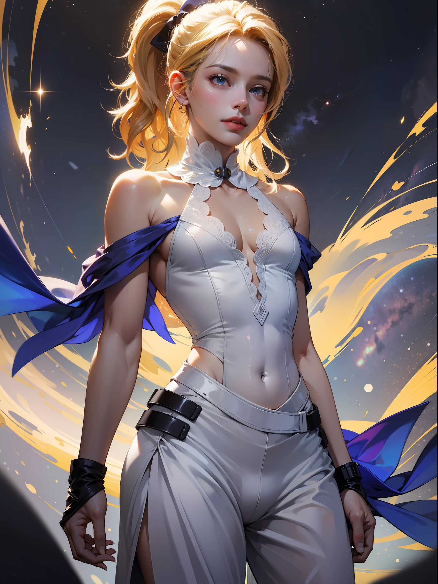 (masterpiece, absurdres, highres, ultra detailed), 1man, wavy blonde hair, blue eyes, ponytail, perfect face, male focus, femboy, flat chest, bulge, androgynous, detailed eyes and face, slight smile, wearing white silk sundress and breeches, transparent, lace, floating scarf, bare shoulders, bare collarbones, bare navel, sci-fi background, space opera, legend of galactic heroes, intricate details, cinematic lightning, depth of field, action packed, action shot, cowboy shot