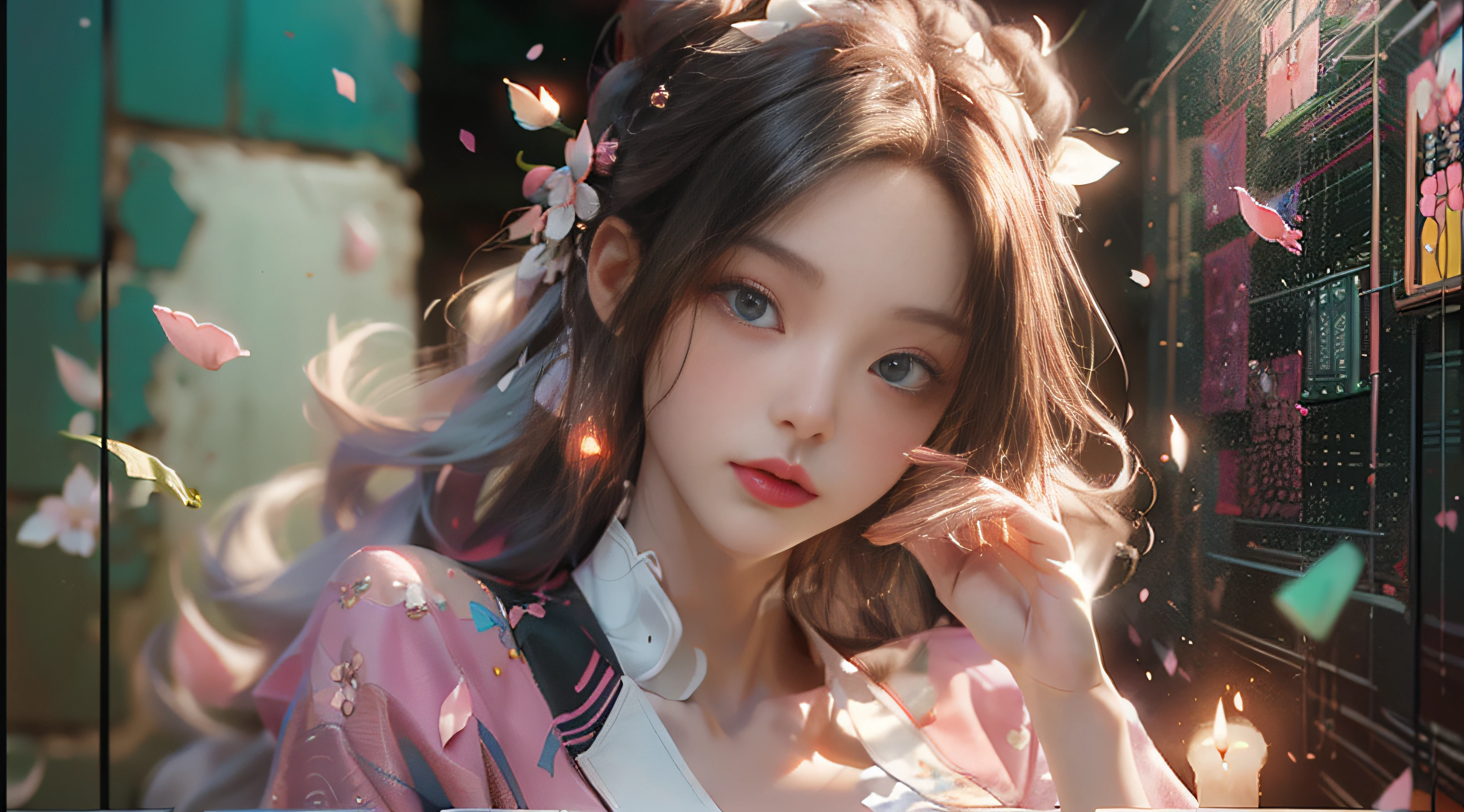 ((Best Quality)), ((Masterpiece)), (Detail: 1.4), 3D, Beautiful Cyberpunk Female Image, HDR (High Dynamic Range), Ray Tracing, NVIDIA RTX, Super Resolution, Unreal 5, Subsurface Scattering, PBR Texture, Post-Processing, Anisotropic Filtering, Depth of Field, Maximum Sharpness and Sharpness, Multi-layer Texture, Albedo and Highlight Mapping, Surface Coloring, Mitsu-Accurate Simulation of Material Interactions, Perfect Proportions, Octane Rendering, Two-color Light, Large Aperture, Low ISO, white balance, regular three-point, 8K RAW, beautiful bright pupils, flowing robe, fine pupils, delicate face and eyes, long eyelashes, blush, fluffy hair, pink lips, pure, cute, cherry blossom petals falling, slender jade hands