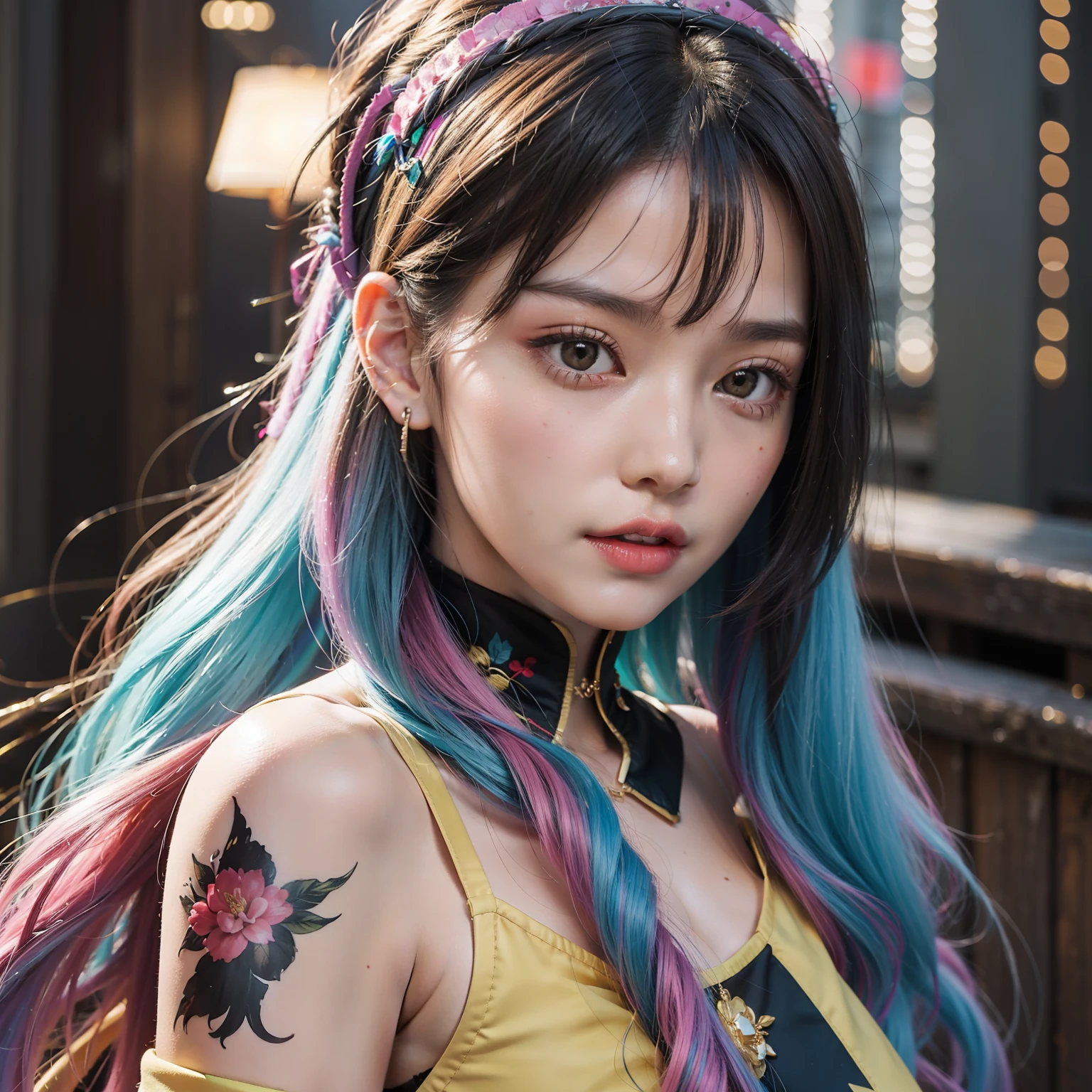 (8K, Best Quality, Masterpiece: 1.2), (Best Quality: 1.0), (Ultra High Resolution: 1.0), Upper body, Colorful hair, Beautiful and colorful, Colorful aesthetics, Colorful dreams, Colorful and colorful, A beautiful Chinese woman, shoulders, headband, by Agnes Cecil, bust portrait, extremely bright design, pastel colors, (ink: 1.3), autumn lights, pov