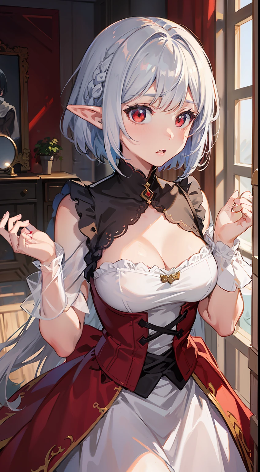 ((Put your hands on your chest)), (surprised)), (Red face), 1 girl, Elf, Silver hair, Red eyes, Braid hair, Bob cut, Princess, Medieval dress, Long skirt, Ruffles, Indoors, Mirror, TS, Concept art, Beautiful anime scene, Beautiful anime scenery, Best quality, Masterpiece, 4K