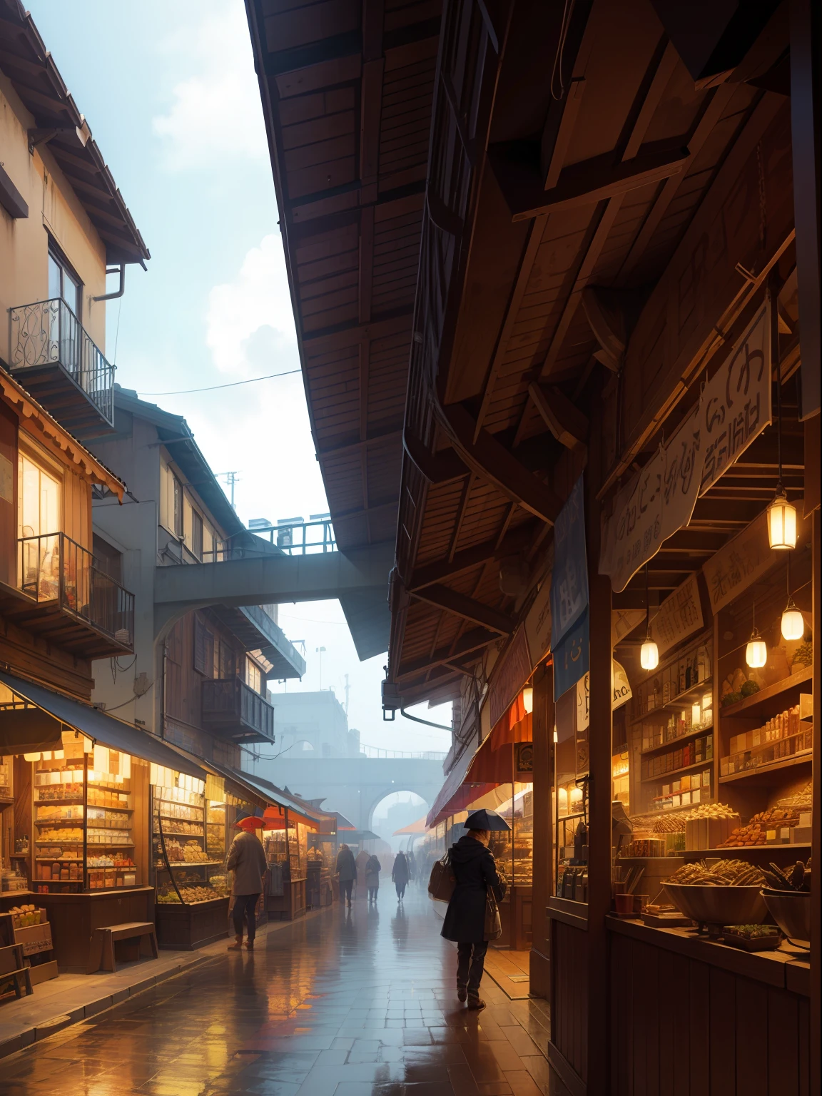 ((masterpiece)),((best quality)),((high detial)),((realistic,))
Industrial age city, deep canyons in the middle, architectural streets, bazaars, Bridges, rainy days, steampunk, European architecture