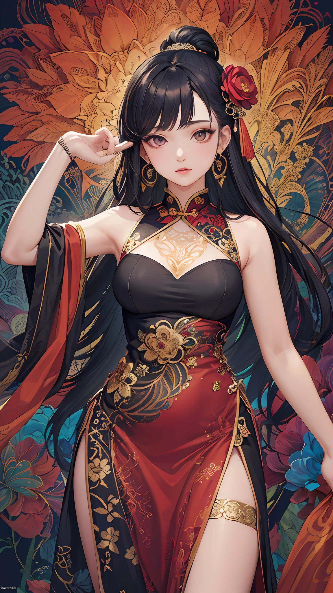 (masterpiece, top quality, best quality, official art, beautiful and aesthetic:1.2), (1girl:1.3), extremely detailed,(fractal art:1.1),(colorful:1.1)(flowers:1.3),highest detailed,(zentangle:1.2), (dynamic pose), (abstract background:1.3), (chinese dress:1.2), (shiny skin), (many colors:1.4), ,(earrings:1.4),