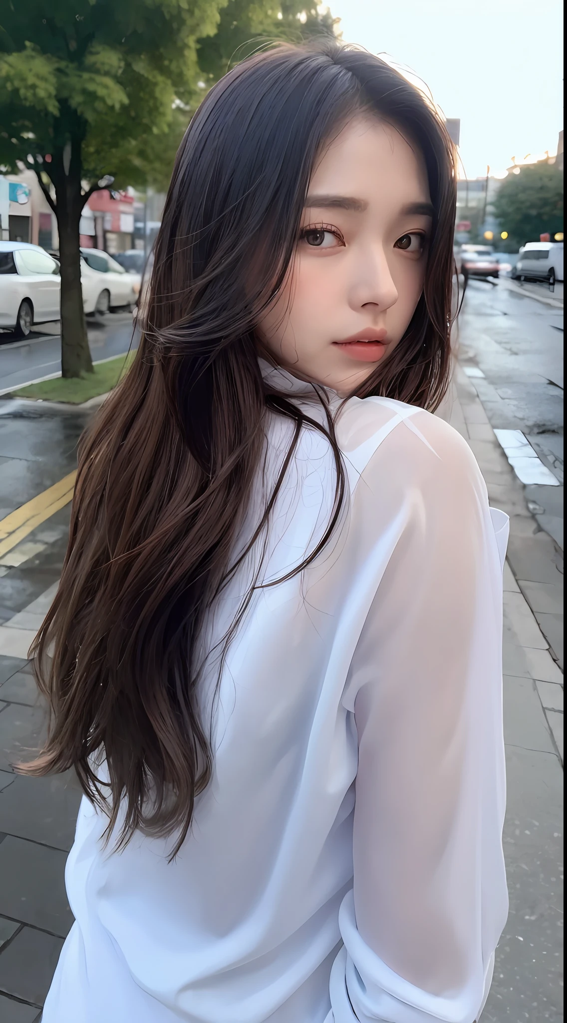 ((Best Quality, 8K, Masterpiece: 1.3)), Sharp: 1.2, Perfect Body Beauty: 1.4, Slim Abs: 1.2, ((Layered Hairstyle, Big Breasts: 1.2)), (Wet White Button Long Shirt: 1.1), (Rain, Street: 1.2), Wet: 1.5, Highly detailed face and skin texture, detailed eyes, double eyelids, side face looking at the camera