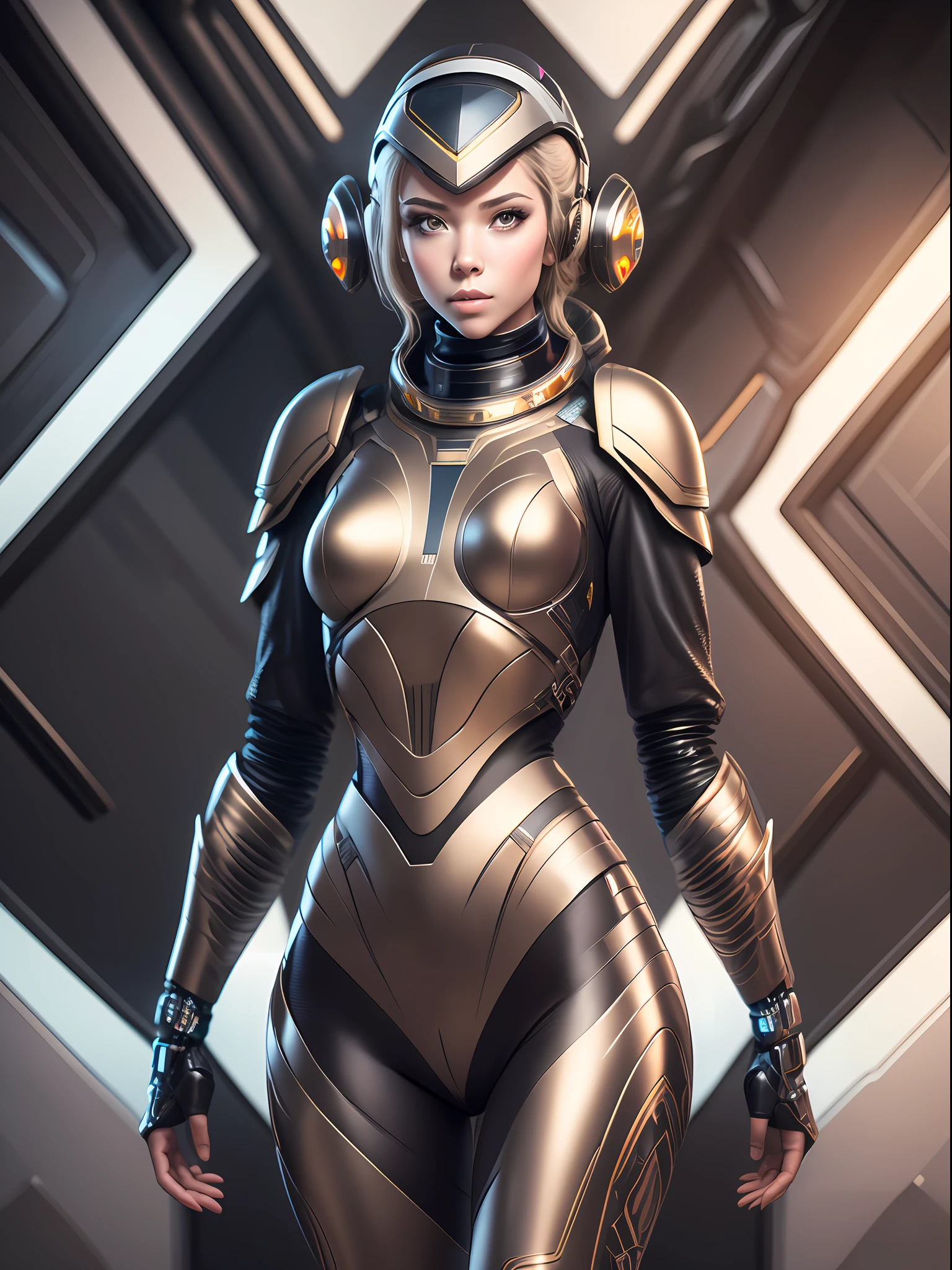A girl in cybernetic armor with a unique pattern, against the background of the interior of the space shuttle