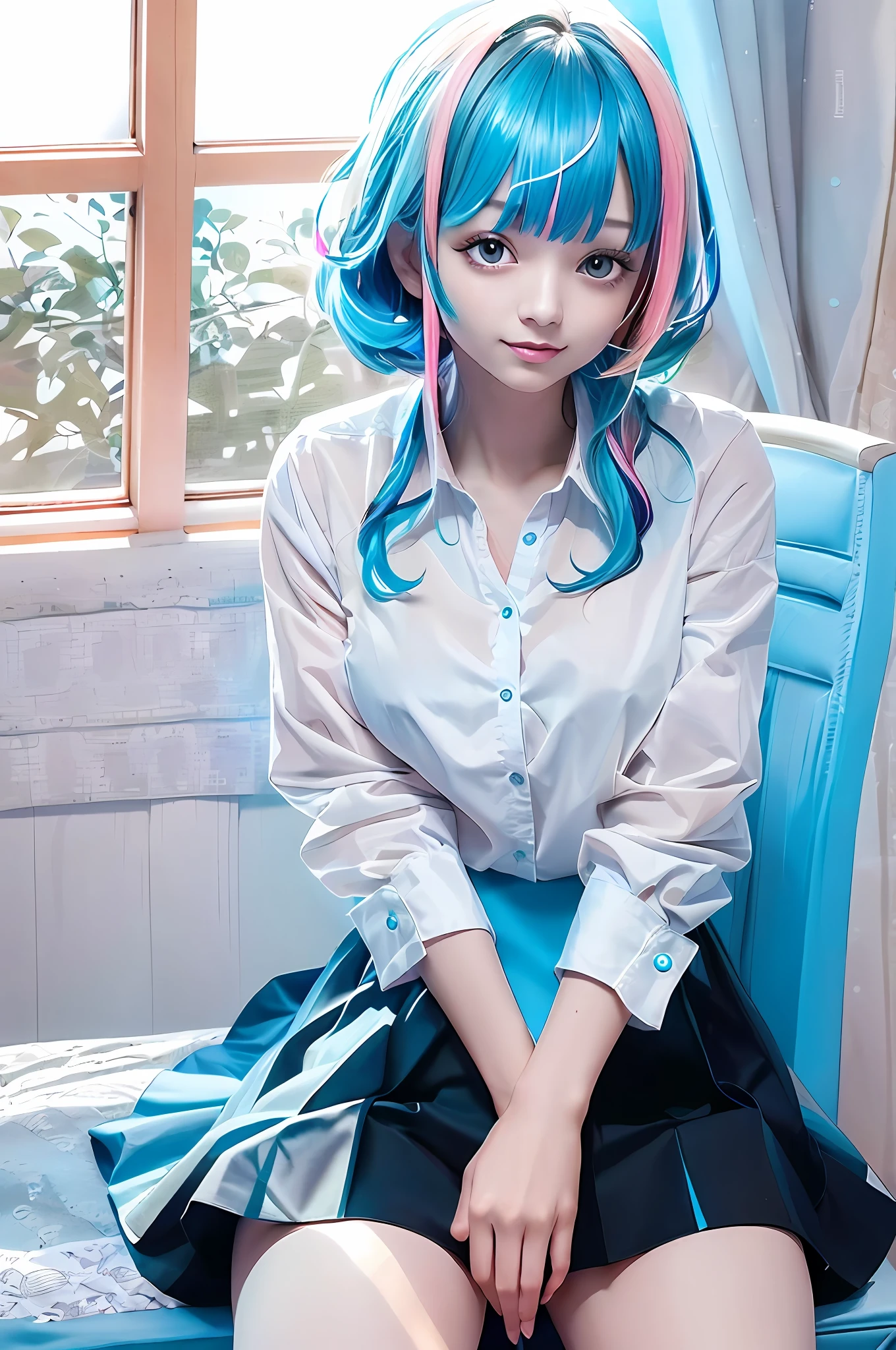 piercing woman, piercing, smile, colorful hair, white shirt, briefskirt. blunt bangs, (black skirt), 1girl,solo,flashy hair, photorealistic, high resolution, 1 girl, golden and pink and light blue hair, colorful hair color, korean, girl's room, sit on a chair, cowboy shot,