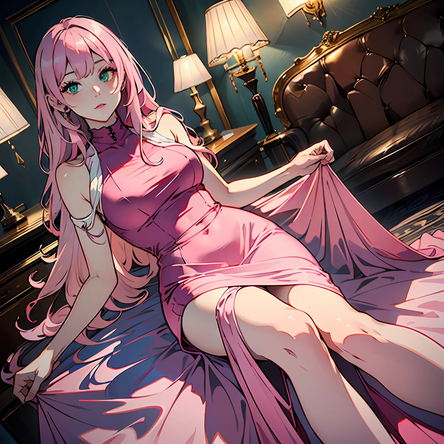 (Masterpiece, best quality: 1.2), very delicate beauty Best Shade, Best lighting, best shade, (Long pink hair), ((a 20 year old woman 1.8)), luxury hotel lobby, ((pink long dress with high neck 1.5)), green eyes, (extremely precise), (mysterious), half,