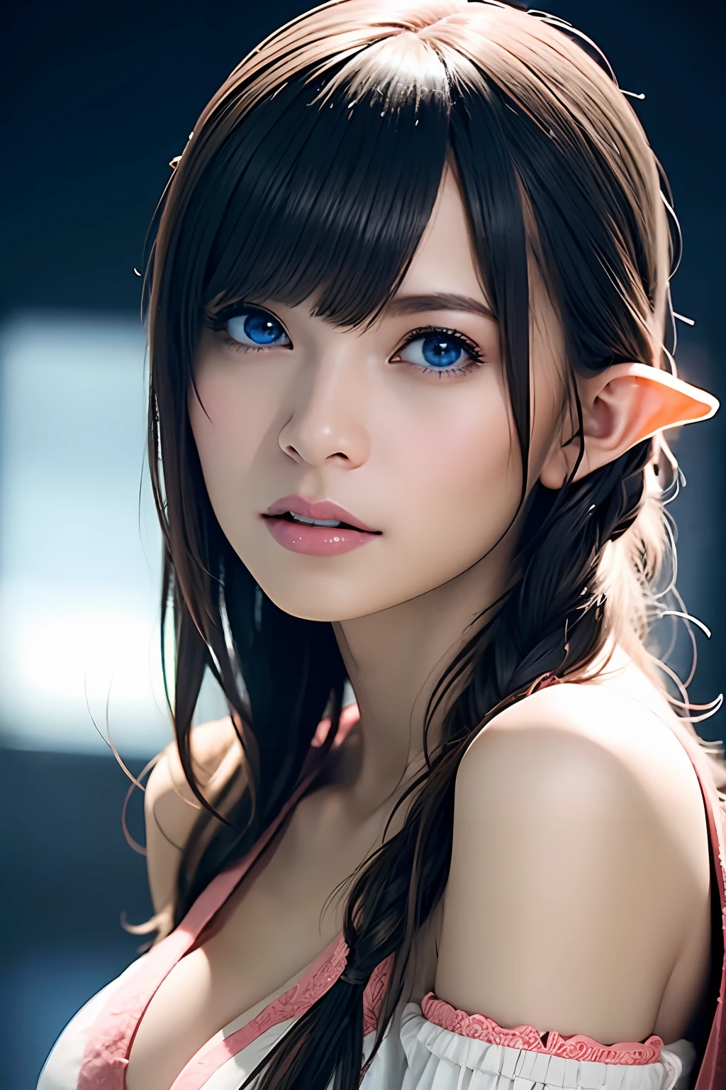 Ultra-detailed complex 3D rendering of face, (Colossal: 8.8), (masterpiece, top quality, octane rendering,), glamour shots full body image, very beautiful young elf, cleavage, (very detailed skin: 1.2), (exposure: 1.1), blonde, pretty woman getting naked. (Wearing a plummeting open shirt of white silk: 1.5.) 40k, ((very soft breasts)), ((conspicuous large pink areola)). Beautiful Caucasian woman with black skin with full soft breasts and black skin of big ass, one, long braided hair, big breasts, dynamic angle, mystical expression, ultra-realistic photo, (((portrait)))), bare feet, futuristic city background, facial muscles, detailed and beautiful gold crown, in the style of Marvel Comics, ArtStation trends, clear focus, studio photography, Intricate detail, highly detailed, detailed blue eyes, highly detailed, sharp focus, digital rendering, professional, abs, dark gray background,