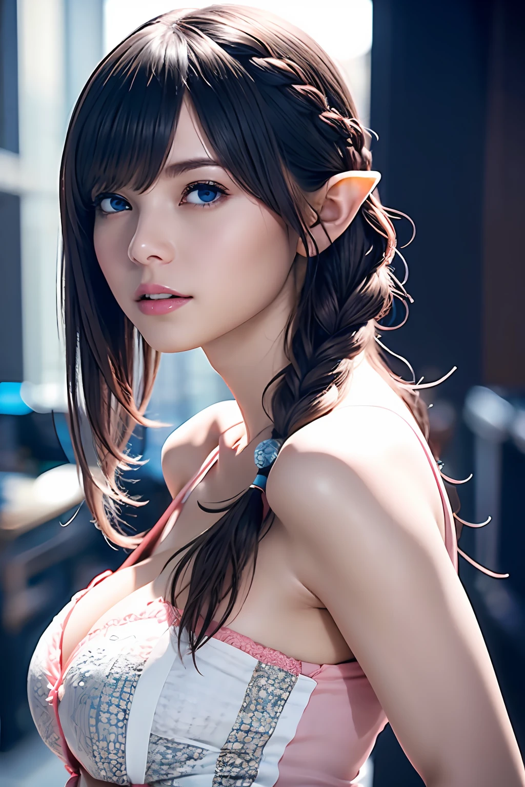 Ultra-detailed complex 3D rendering of face, (Colossal: 8.8), (masterpiece, top quality, octane rendering,), glamour shots full body image, very beautiful young elf, cleavage, (very detailed skin: 1.2), (exposure: 1.1), blonde, pretty woman getting naked. (Wearing a plummeting open shirt of white silk: 1.5.) 40k, ((very soft breasts)), ((conspicuous large pink areola)). Beautiful Caucasian woman with black skin with full soft breasts and black skin of big ass, one, long braided hair, big breasts, dynamic angle, mystical expression, ultra-realistic photo, (((portrait)))), bare feet, futuristic city background, facial muscles, detailed and beautiful gold crown, in the style of Marvel Comics, ArtStation trends, clear focus, studio photography, Intricate detail, highly detailed, detailed blue eyes, highly detailed, sharp focus, digital rendering, professional, abs, dark gray background,