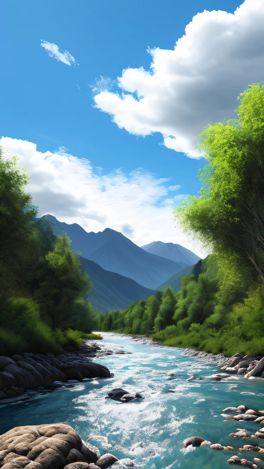 Cloudy sky, noon, mountain river with clear blue water water, 4k, hyperrealism