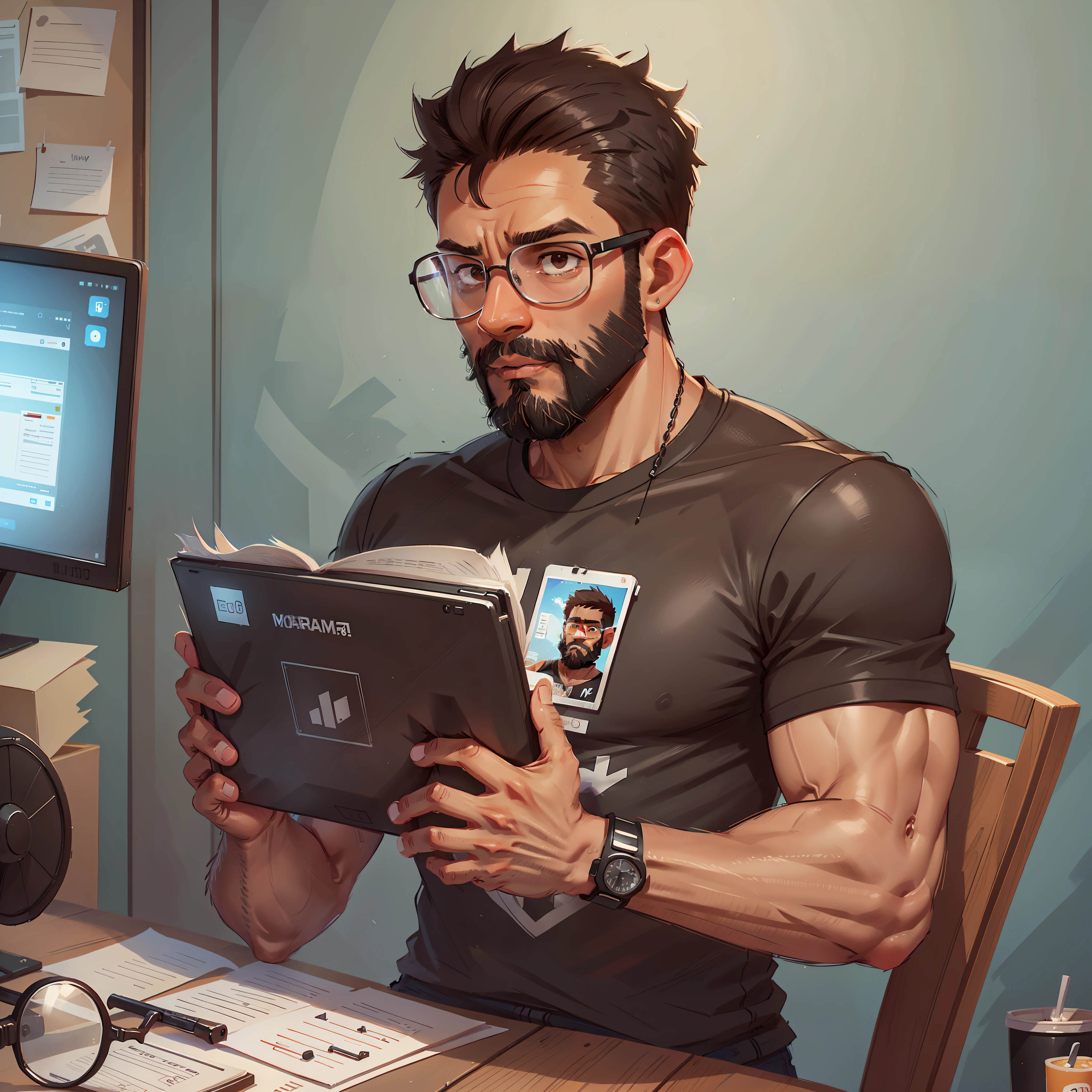 A man, brown skin, slim body, Latino, 39 years old, short black hair, full beard, black shirt, black rimmed glasses, holding a computer
