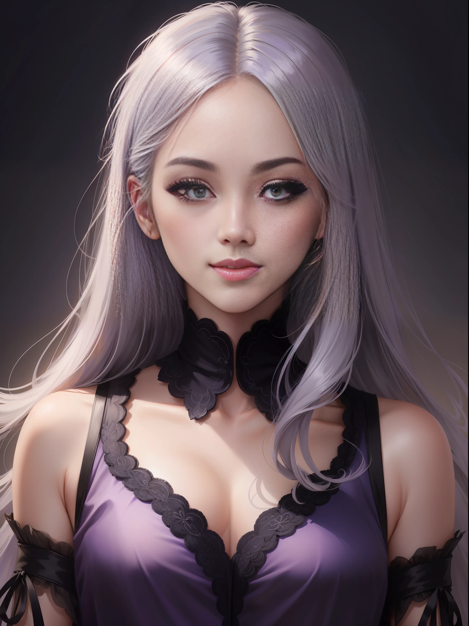 Long hair man on white background, full body, smiling round face, round face, kawaii realistic portrait, lady, IG model | art germ, purple hair, gray hair, long hair, purple silk dress, no collar, glass texture, CG rendering, non-realistic, straight hairstyle, 8K highly detailed face, round face, single realistic face, Guweiz style artwork, Korean symmetrical face, beauty filter, fair and beautiful face, realistic, virtual character, clear jawline, bright picture, white skin, HD graphics, stunning character art