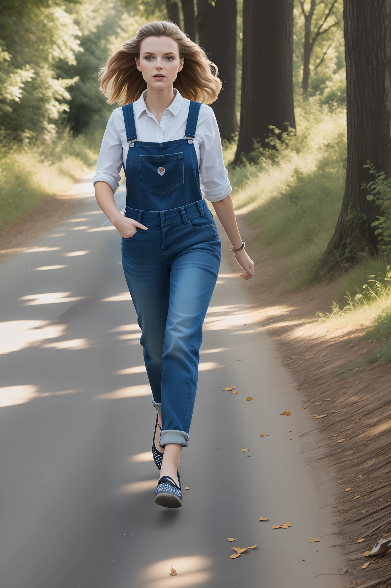 Flatshoes photo of woman walking, going on her back, long hair, fluttering, soft lighting, road. Trees, back and forth butterflies, flying, following butterflies, jeans, jeans overalls