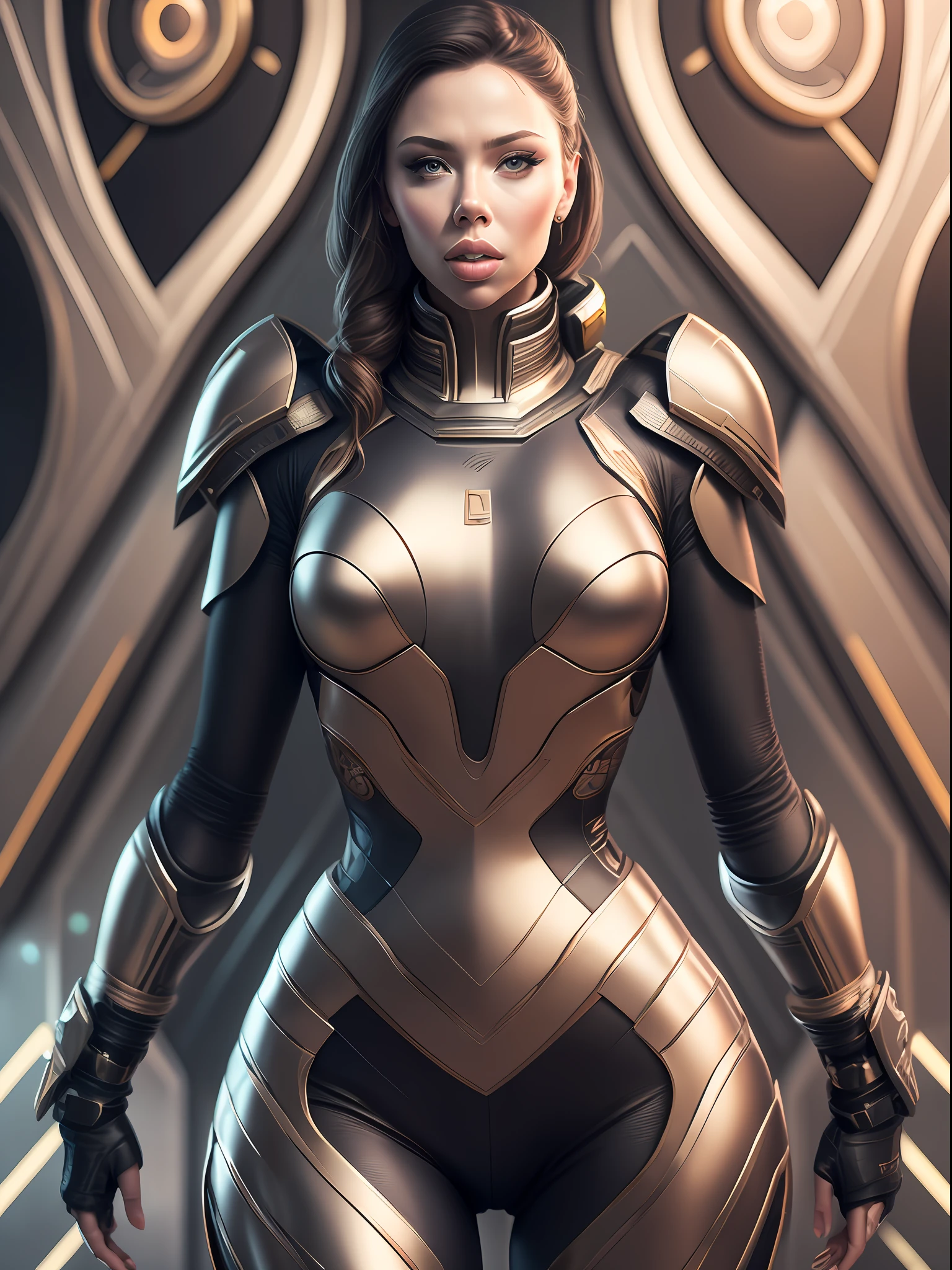 Scarlet Johansson in cybernetic armor with a unique pattern, an interesting pose, against the background of the interior of the space shuttle