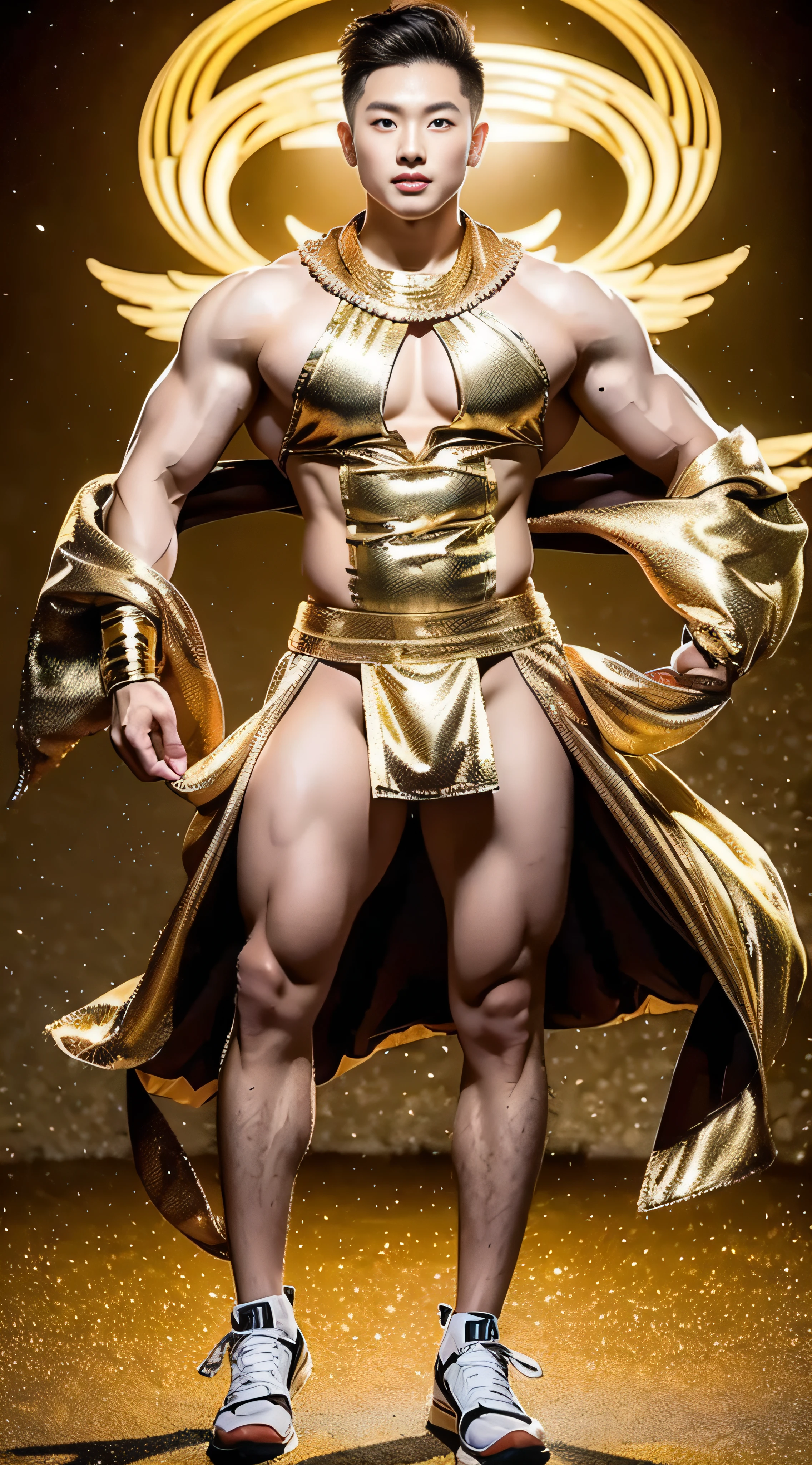 (Best quality, masterpiece: 1.2), a Chinese male, 20 years old, Dunhuang costume, muscle flying sky, muscle bodhisattva, full of muscles, flying costume, muscle bodhisattva, with head halo, Dunhuang male flying sky, gorgeous, bright, Dunhuang style costume, full body portrait, in the Dunhuang desert, beautiful scenery