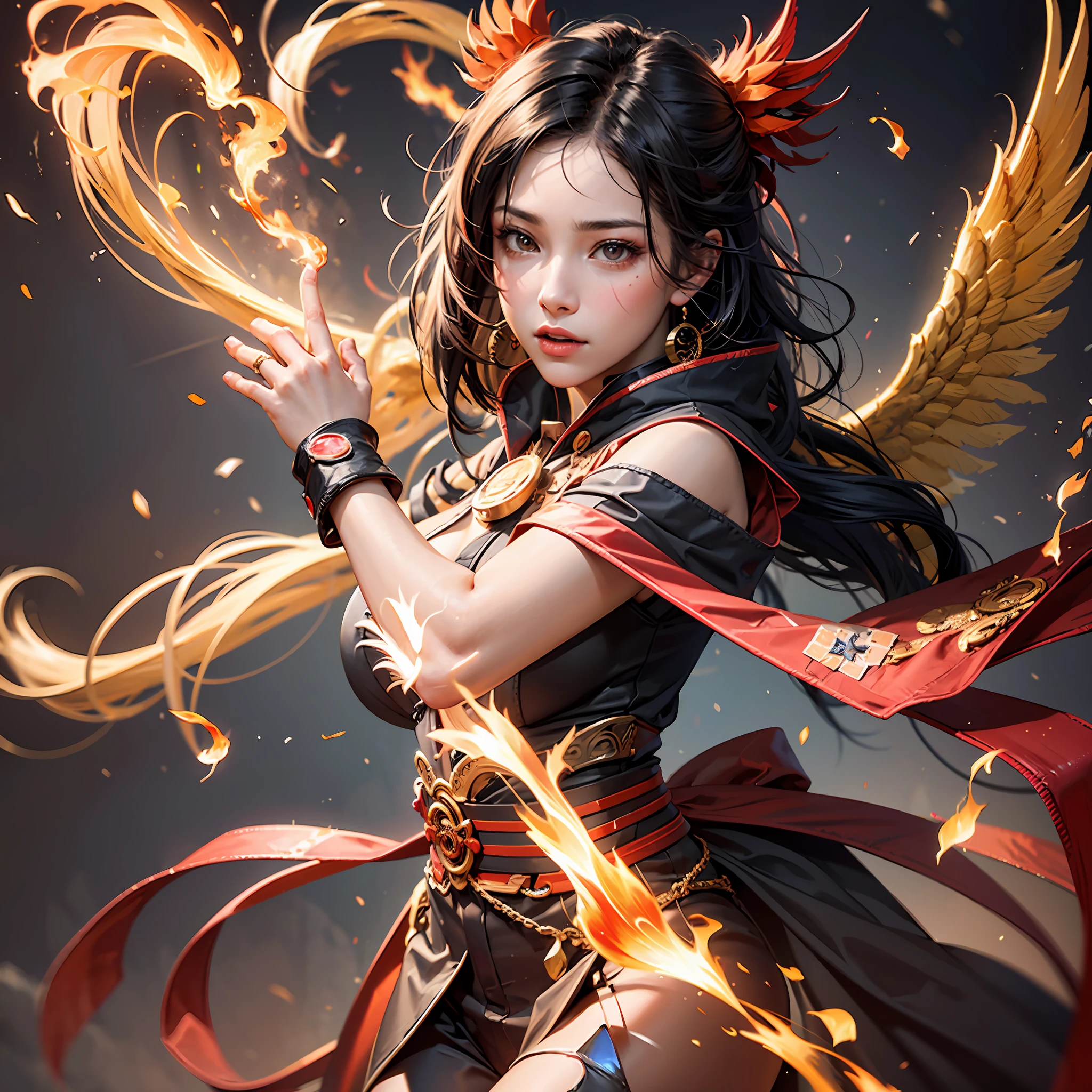 A flame mage is dressed in fiery red (Chinese Han costume) with intricate runes and ornaments embroidered on his robe, exuding a scorching aura. He was tall and powerful, his hands were raised, and powerful flame spells were being released. His eyes were firm and sharp, a flash of fire flashed in his eyes, behind the flame mage, (A huge flame phoenix spreads its wings and flies: 1.2), (the phoenix's feathers burn with roaring flames), emitting dazzling light, its body is surrounded by flames, the flame feathers dance, forming a spectacular flame six-pointed star array pattern, full of mysterious magic, the whole scene is full of fiery breath and passion for battle, a large area of flame spells bloom in the air, forming a brilliant flame arc and a flying spark, (flame mage and phoenix), in the raging fire looks majestic and mysterious, like the embodiment of fire and magic, red hair, high detail, surrealism, realism, ((bust photo)), (real photo). :1.4), (chiaroscuro), cinematic lighting, realistic special effects, C4D rendering, octane rendering, ray tracing, panorama, POV, textured skin, super detail, UHD, masterpiece, anatomically correct, best quality, high resolution, 8k