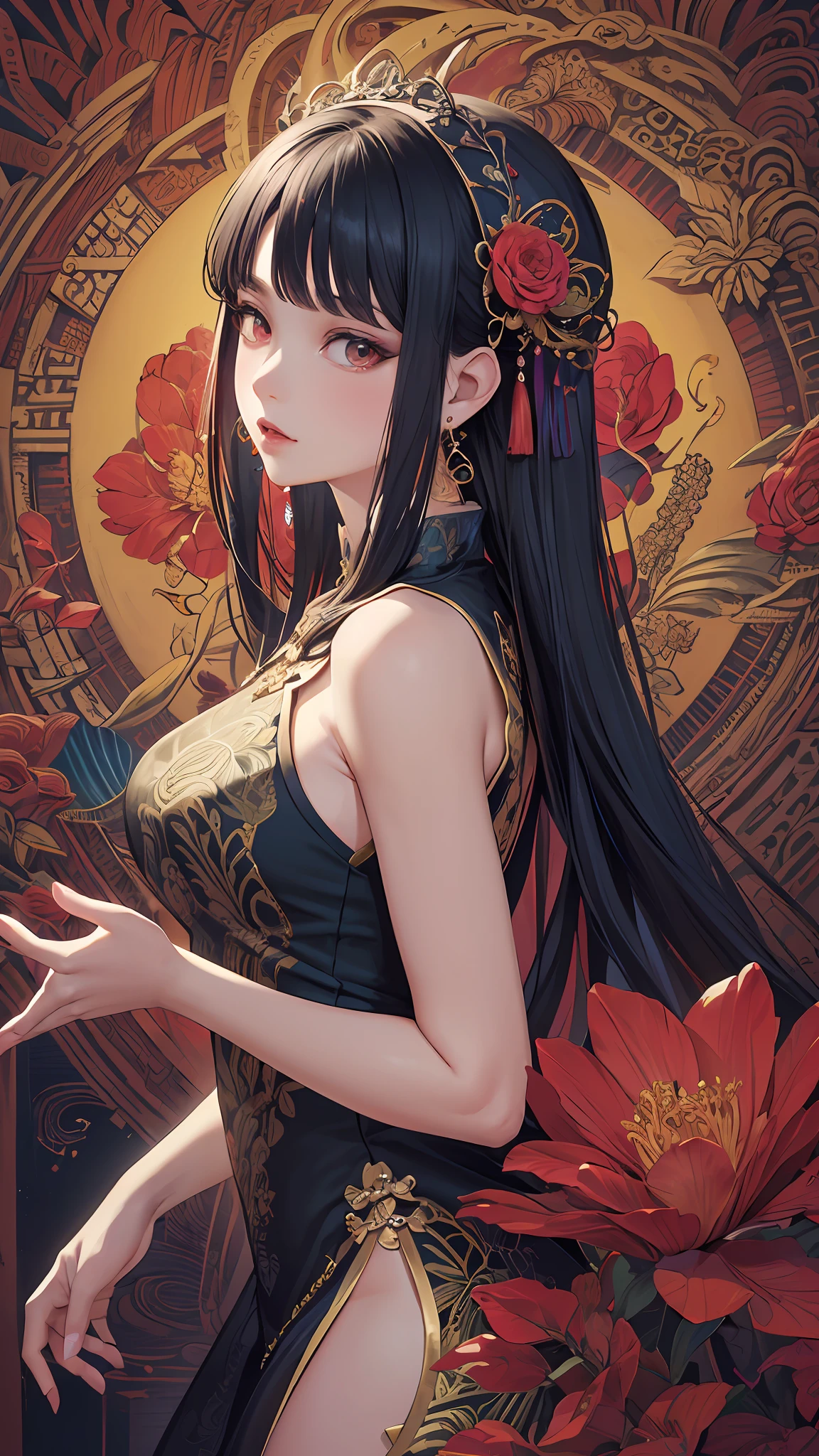 (masterpiece, top quality, best quality, official art, beautiful and aesthetic:1.2), (1girl:1.3), extremely detailed,(fractal art:1.1),(colorful:1.1)(flowers:1.3),highest detailed,(zentangle:1.2), (dynamic pose), (abstract background:1.3), (chinese dress:1.2), (shiny skin), (many colors:1.4), ,(earrings:1.4),