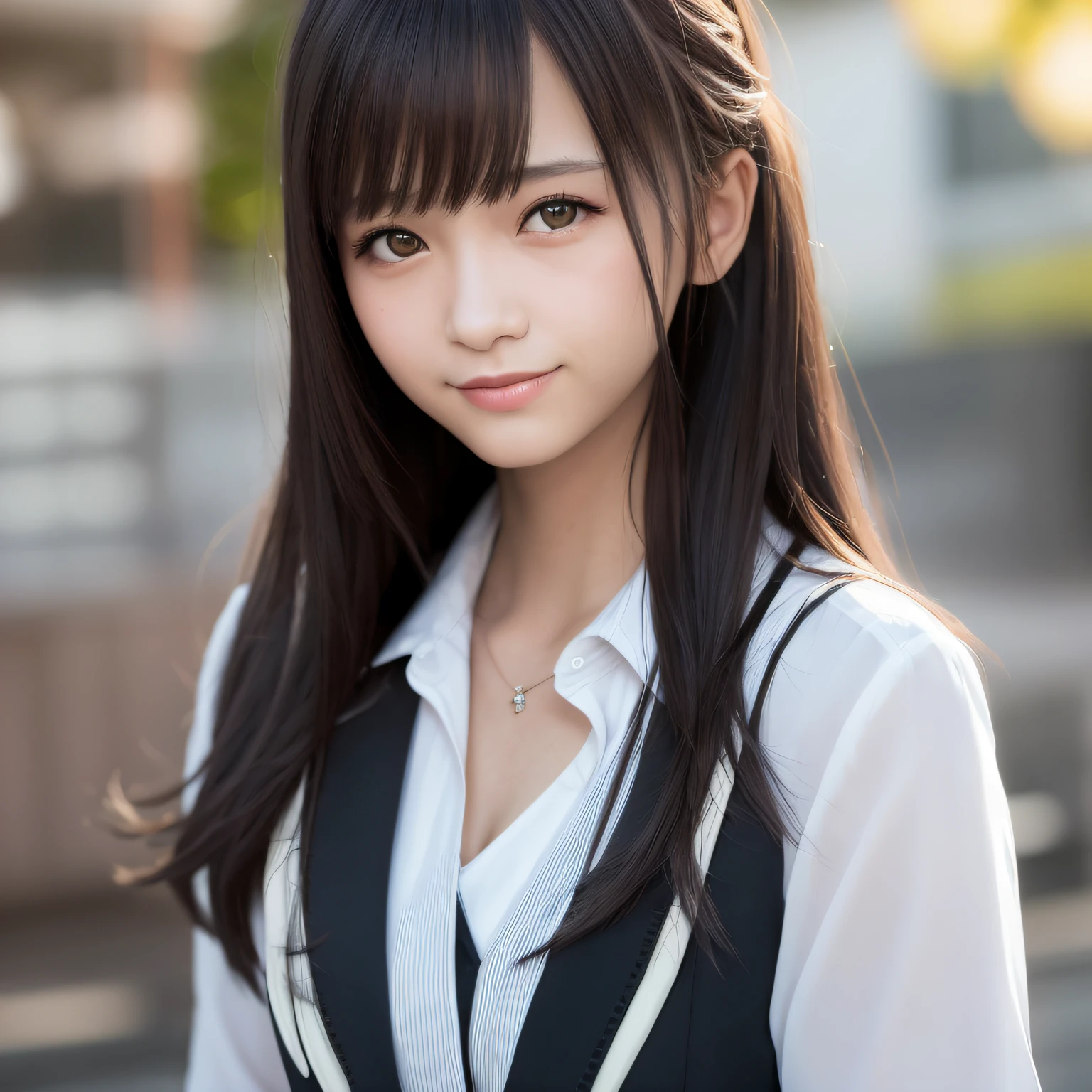 (best quality, masterpiece), 1girl, beautiful girl, cute, smile, toothless, small, shy, blush, Japan schoolgirl summer uniform, uniform blouse, cleavage, light background, upper body, jade eyes, very long black hair, bangs, very detailed face and skin texture, realistic human skin, realism, realistic photography, professional color correction, natural light, looking viewer, depth of field, model shooting style,