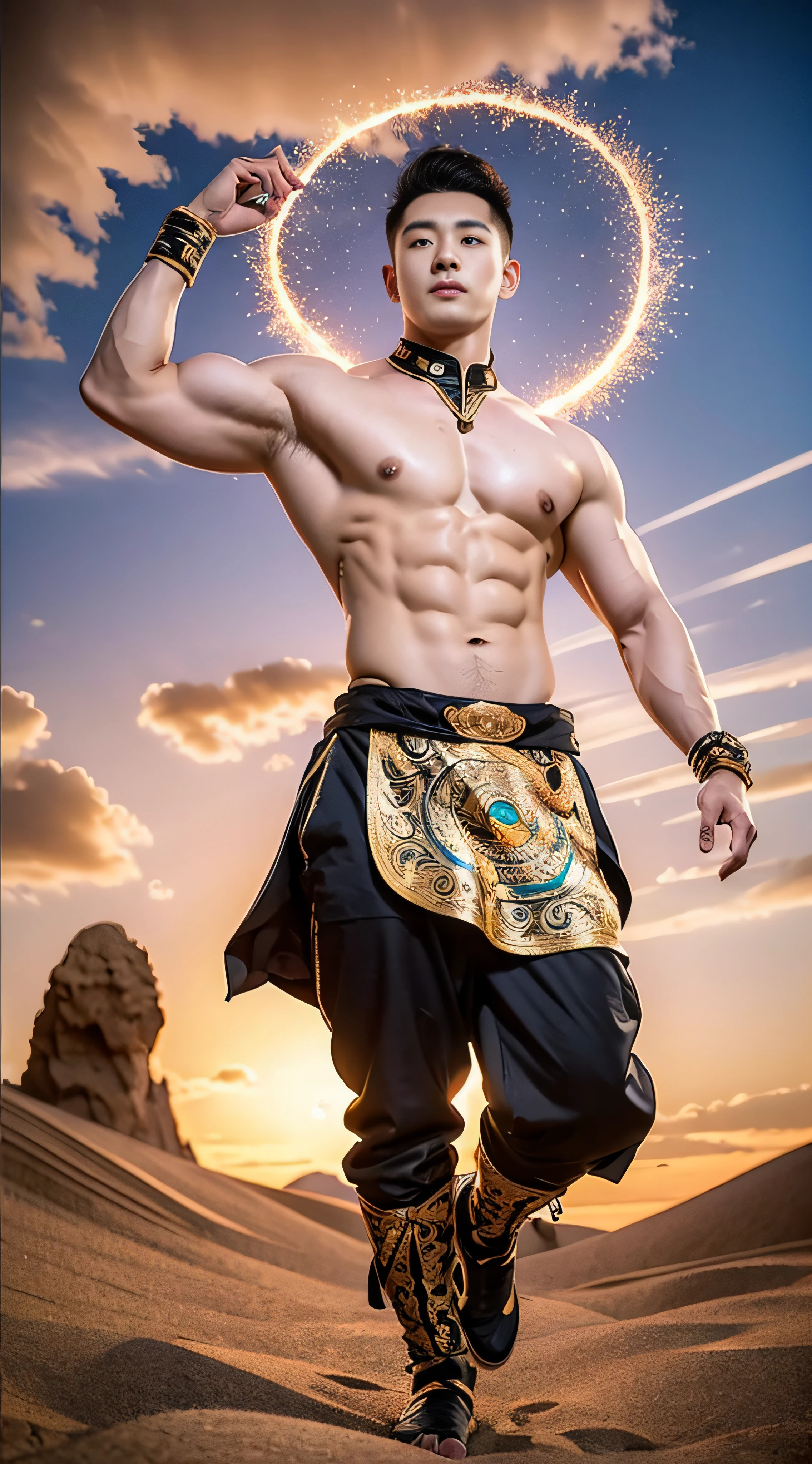 (Best quality, masterpiece: 1.2), a Chinese male, 20 years old, Dunhuang costume, muscle flying sky, muscle bodhisattva, full of muscles, flying costume, muscle bodhisattva, with head halo, Dunhuang male flying sky, gorgeous, bright, Dunhuang style costume, full body portrait, in the Dunhuang desert, beautiful scenery