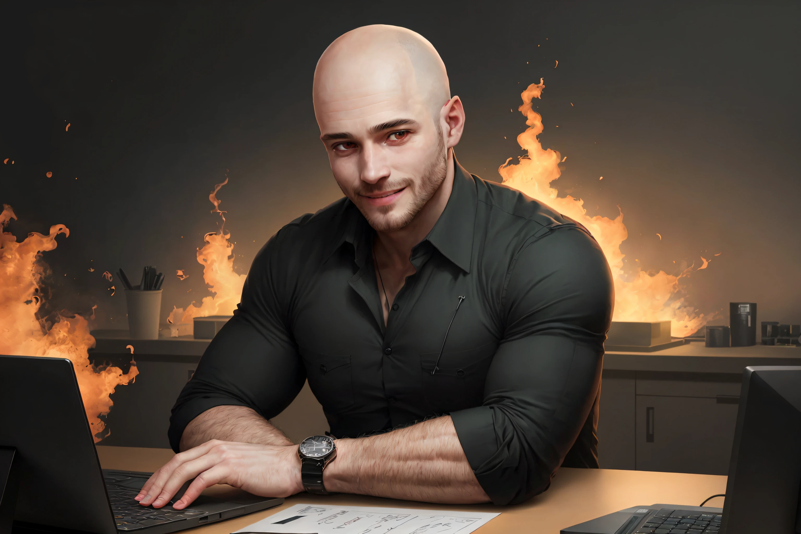 dark room, [darkness, calm and soothing atmosphere:(fire), (flames), (flame), (burn), burning, (on fire), engulfed by flame, burned down, arson, emergency, (fire flame background):0.1], confident smile, man working on the computer, (warm color palette), short facial hair, bulky bald man in a suit