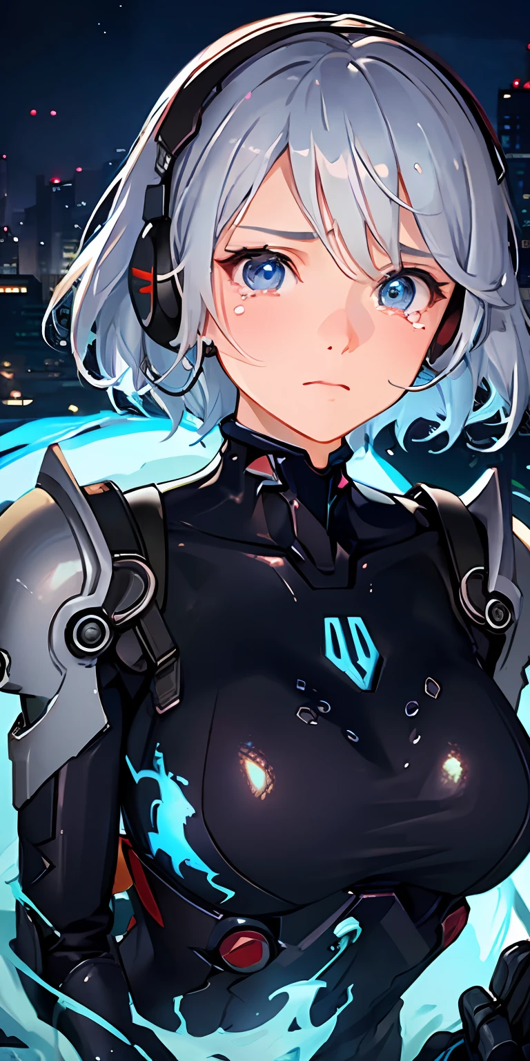 (Overhead View),Dynamic Angle,Super Detail, Illustration, Close Up, Mesh Hair,Short Hair, Evangelion, 1 Girl,
 ((Interface headset, blue bodysuit: 1.4, silver hair)), red eyes, (glowing eyes: 1.233), (beautiful and detailed eyes: 1.1), watery eyes, (look of despair), (crying),
Cyberpunk, armored equipment, abandoned city, city engulfed in blue flames,
(night: 1.2), dreamy, [[Delicate fingers and hands: 0.55]::0.85], (detail fingers),
