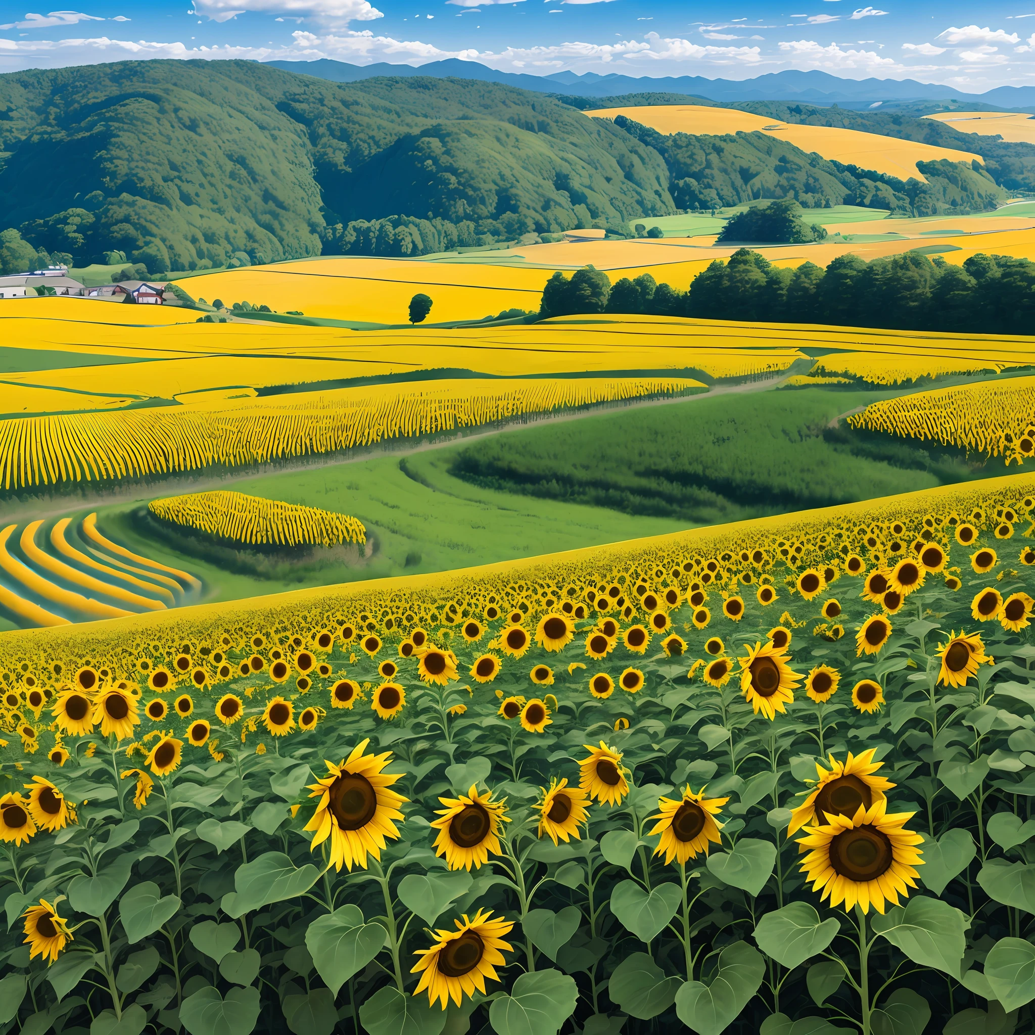 Landscape,Hokkaido,Wide angle shooting,Biei,Colorful fields,Blue sky,A blue butterfly is flying,Sunflower,