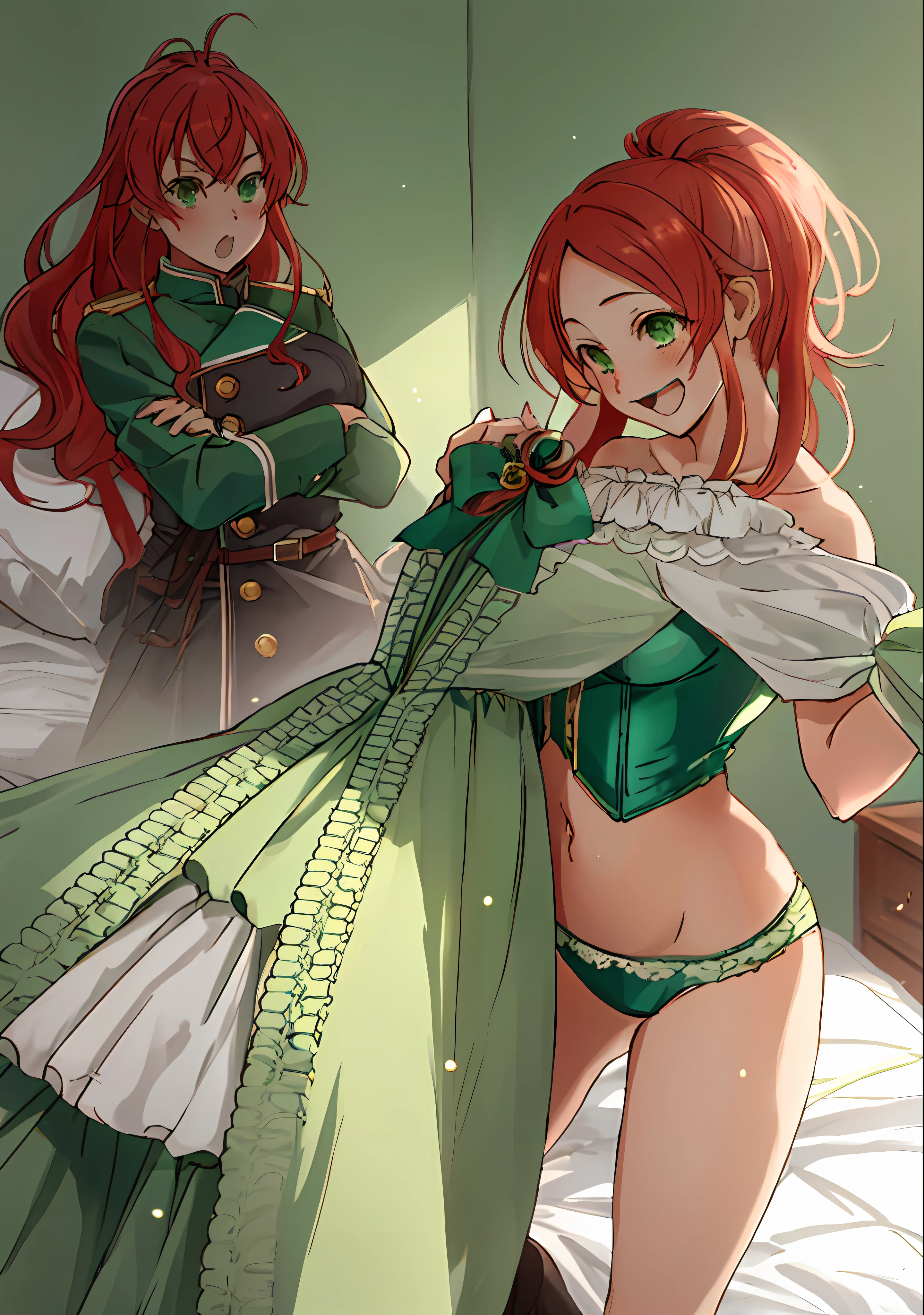 Highest quality, red hair, green eyes, green underwear, bedroom background, aisha from jobless reincarnation, aisha from mushoku tensei, green corset