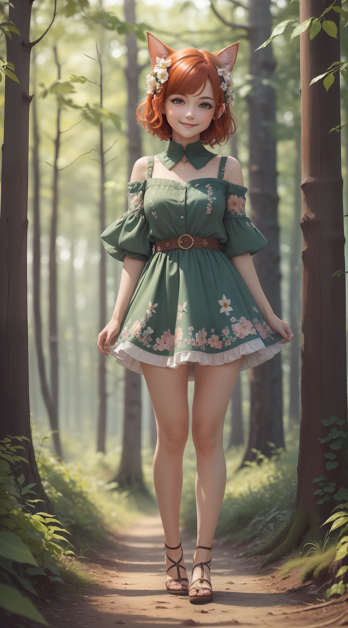 (Masterpiece), (Ultra detailed), (Full body:1.2), 1 girl, chibi, cute, smile, bangs, redhead, short hair, head flower, (forest: 1.3), (flower: 1.5), elf ears, depth of field, tree, handy legs, (beautiful detail face), (beautiful detail eyes), blur, (best quality)