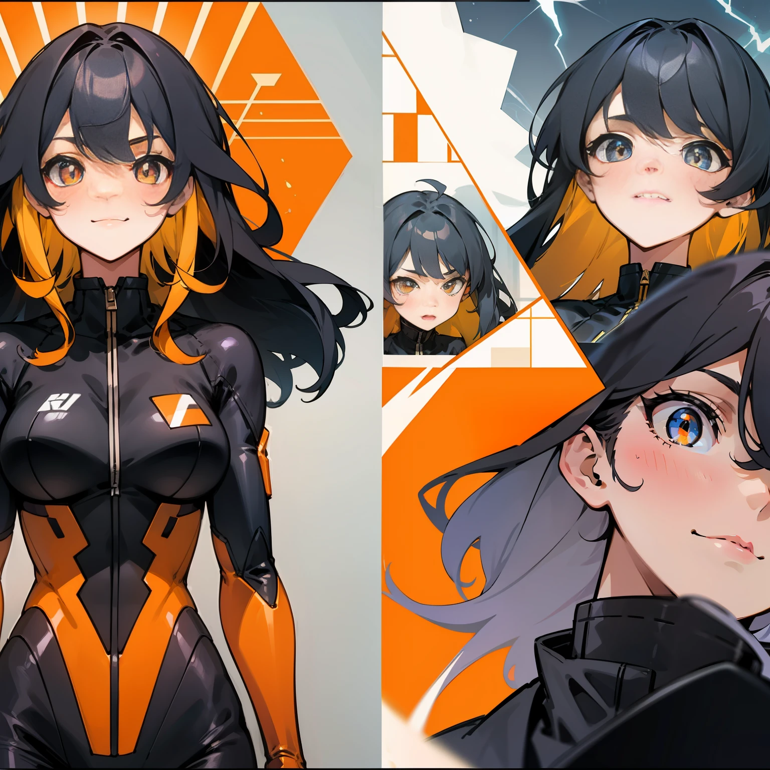 one girl,(Long Black Hair,orange pupils:1.2),Black and orange racing suits,(An orange geometric lightning bolt in the background),comic,Beautiful face,Handsome,cruel