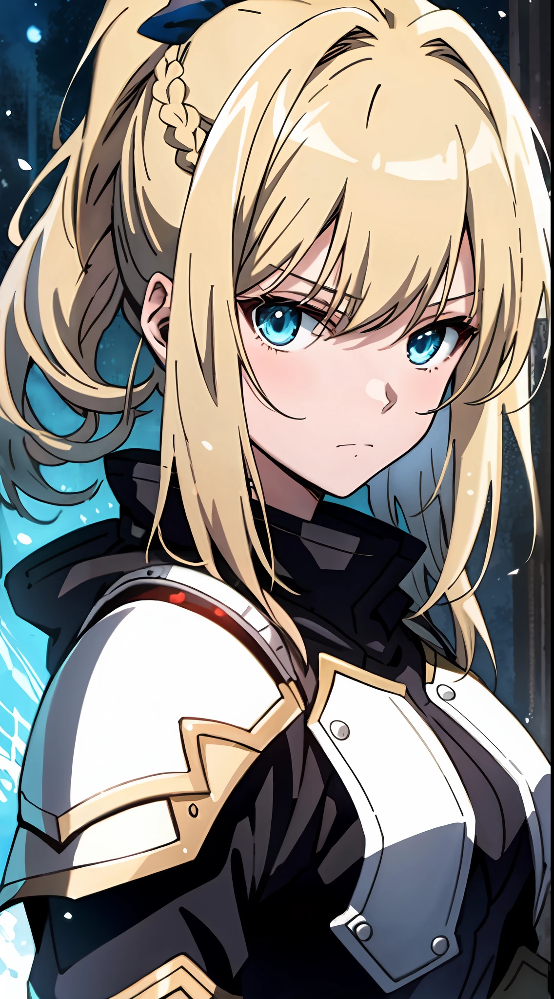 (masterpiece, best quality), Anime, Blonde hair, Blue Eyes, Ponytail with Braids, Bangs, cool face, adult woman, white knight armour, front view, 1girl, emotionless, Fantasy, simple colouring