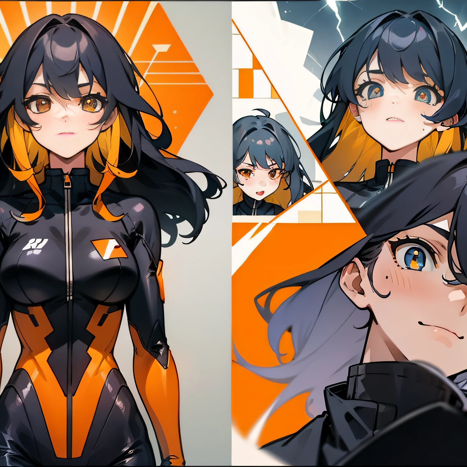 one girl,(Long Black Hair,orange pupils:1.2),Black and orange racing suits,(An orange geometric lightning bolt in the background),comic,Beautiful face,Handsome,cruel