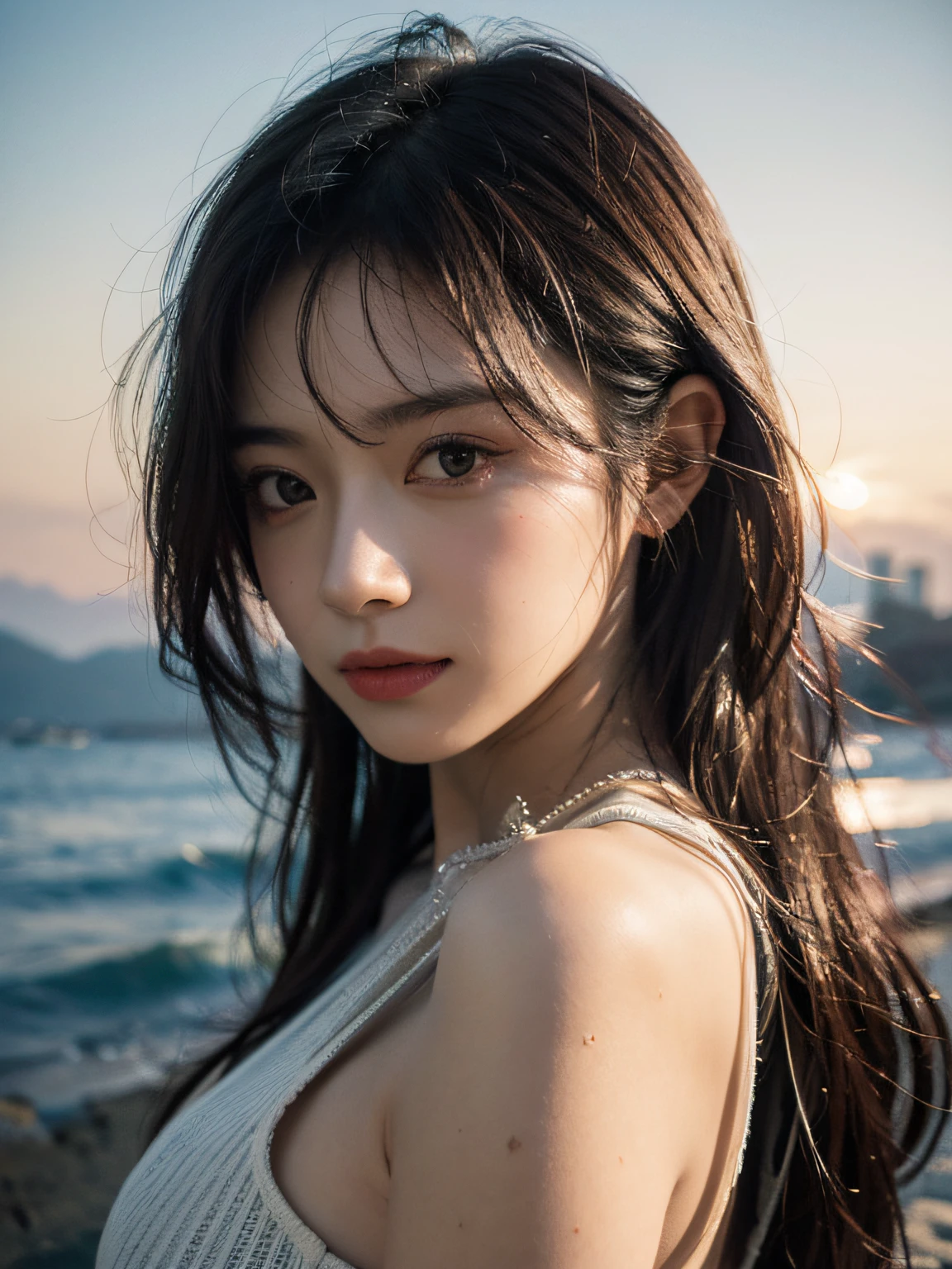 best quality,masterpiece,1girl of a Imaginative Macanese Female Page,Crude hair,at Sunrise,Cel shaded,anaglyph effect,ultra high res,Extremely Detailed Official Unity 8K Wallpapers,ultra high res,ultra high quality,The background is the sea,