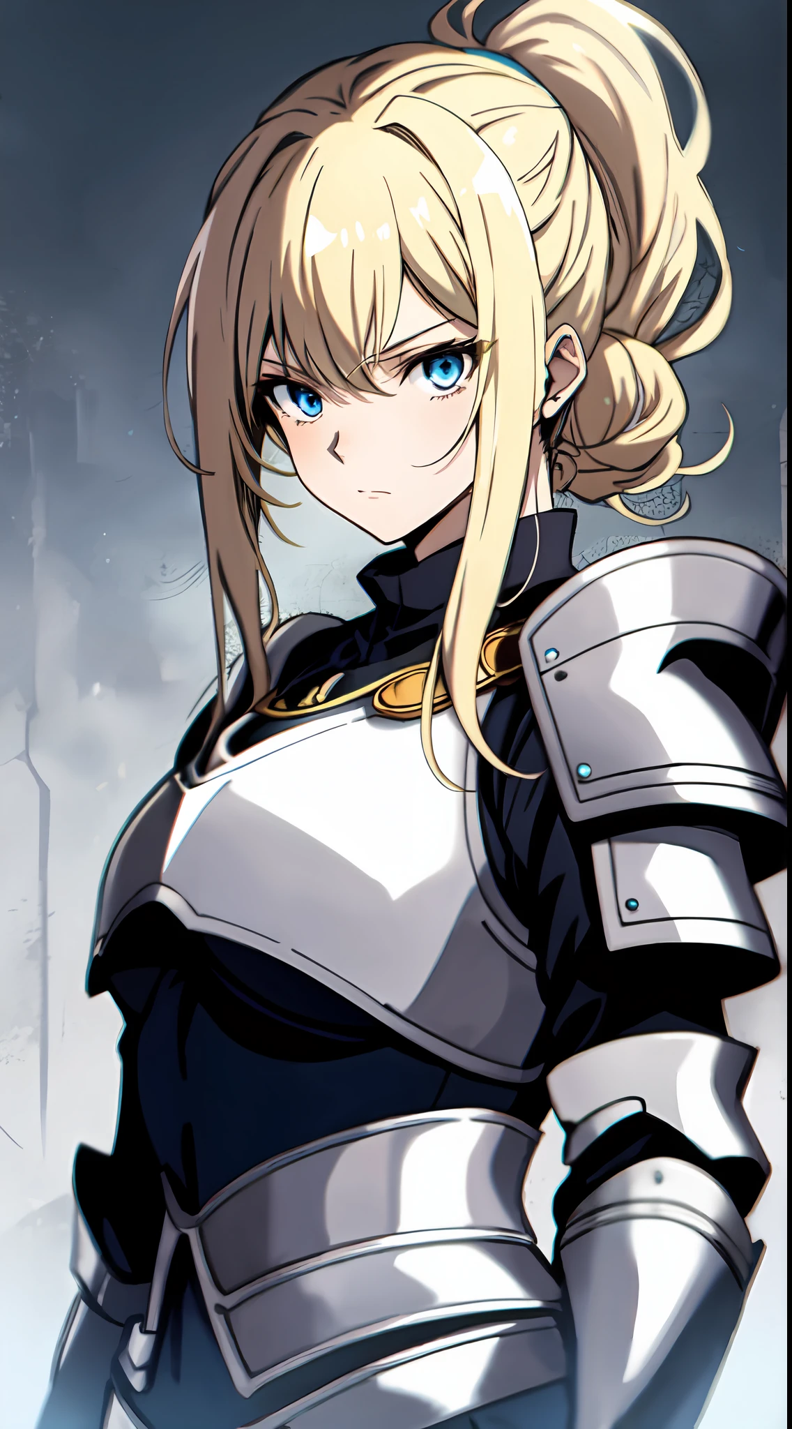 (masterpiece, best quality), Anime, Blonde hair, Blue Eyes, Ponytail with Braids, Bangs, cool face, adult woman, white knight armour, front view, 1girl, emotionless, Fantasy, simple colouring