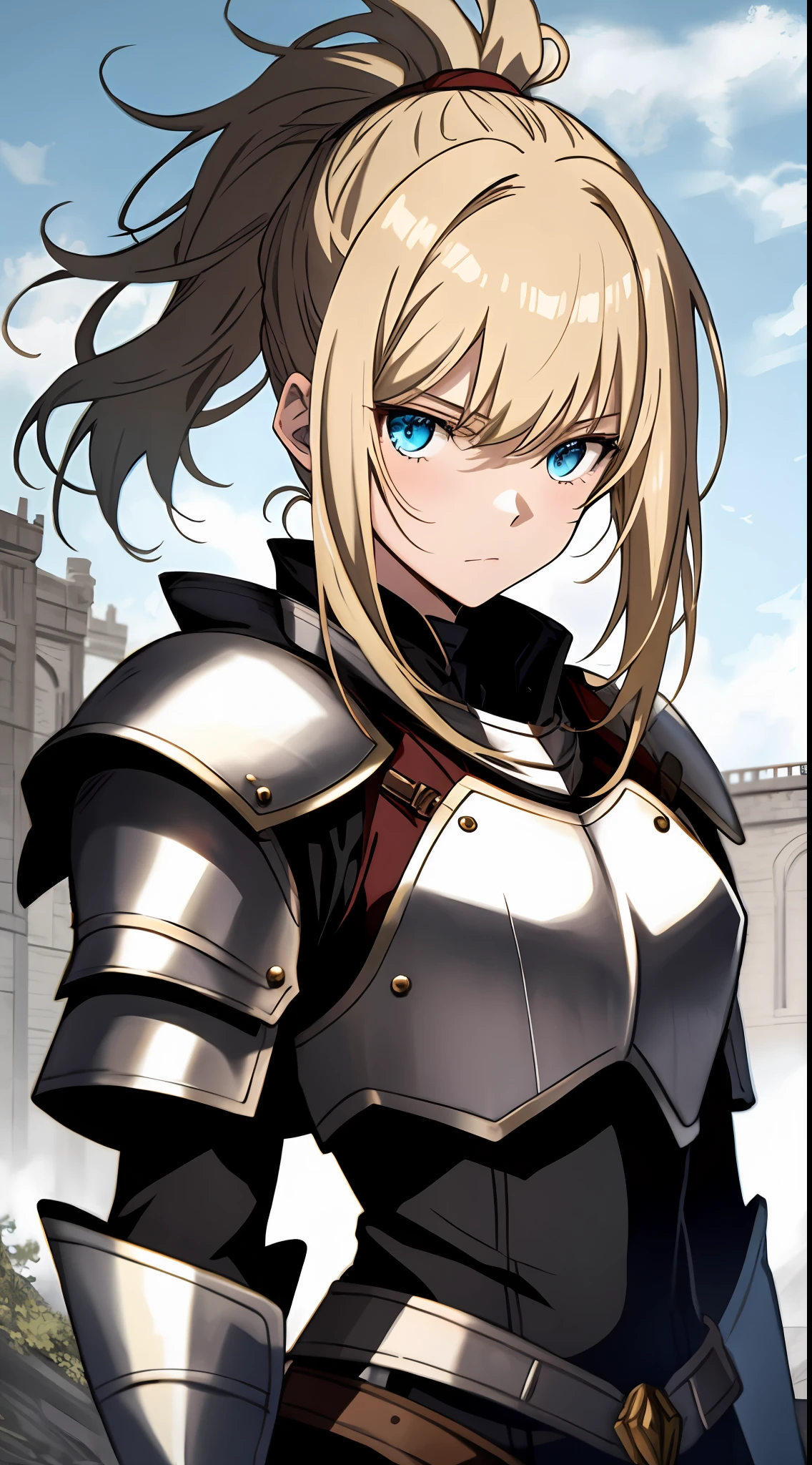 (masterpiece, best quality), Anime, Blonde hair, Blue Eyes, Ponytail with Braids, Bangs, cool face, adult woman, white knight armour, front view, 1girl, emotionless, Fantasy, simple colouring