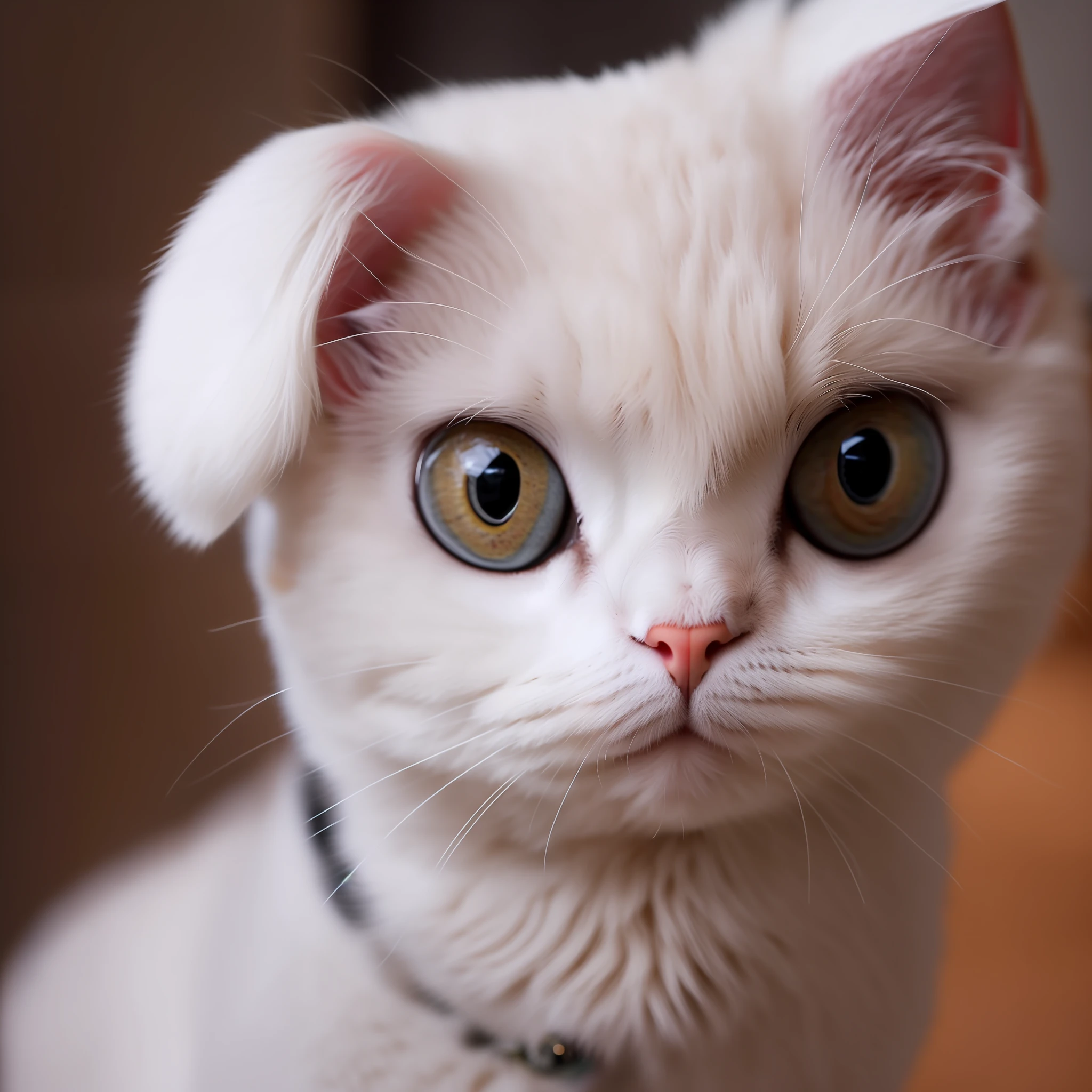 there is a white cat with a collar and ears on, huge adorable eyes, big cute eyes, cute large eyes, adorable eyes, cute eyes, cute and friendly eyes, with cute doting eyes, big round cute eyes, cute cat photo, beautiful huge eyes, very big eyes, a cute cat, cute cat, dream animal cute eyes, with big eyes