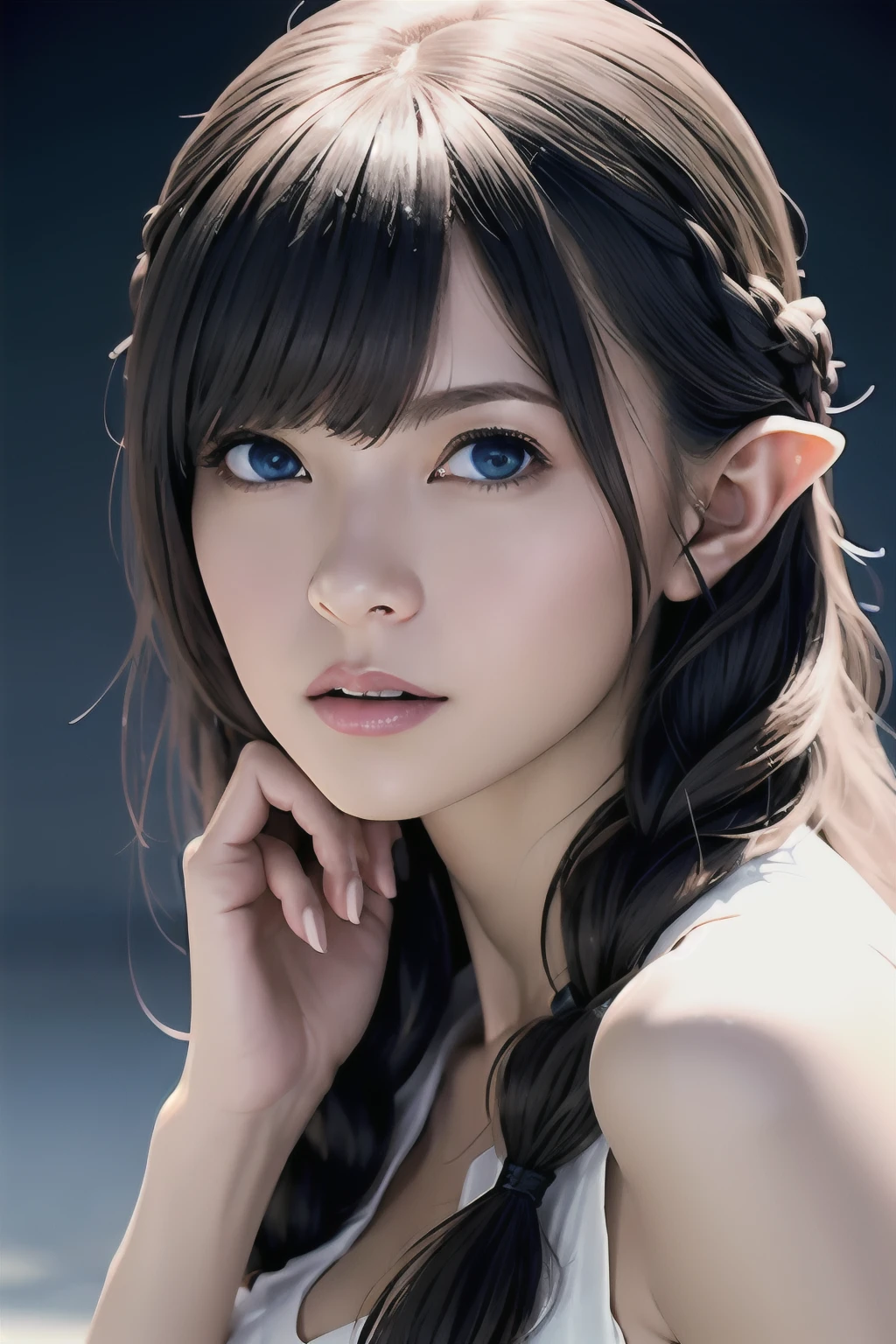 Ultra-detailed complex 3D rendering of face, (Colossal: 8.8), (masterpiece, top quality, octane rendering,), glamour shots full body image, very beautiful young elf, cleavage, (very detailed skin: 1.2), (exposure: 1.1), blonde, pretty woman getting naked. (Wearing a plummeting open shirt of white silk: 1.5.) 40k, ((very soft breasts)), ((conspicuous large pink areola)). Beautiful Caucasian woman with black skin with full soft breasts and black skin of big ass, one, long braided hair, big breasts, dynamic angle, mystical expression, ultra-realistic photo, (((portrait)))), bare feet, futuristic city background, facial muscles, detailed and beautiful gold crown, in the style of Marvel Comics, ArtStation trends, clear focus, studio photography, Intricate detail, highly detailed, detailed blue eyes, highly detailed, sharp focus, digital rendering, professional, abs, dark gray background,