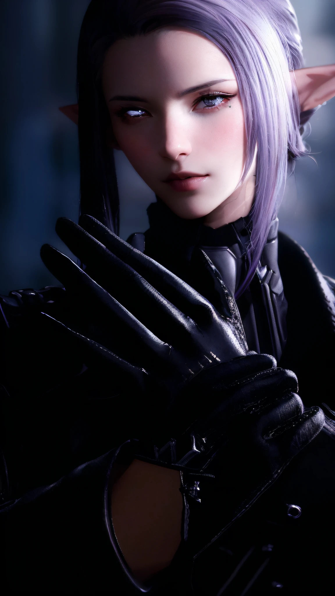 Best quality, super high resolution, (realism:1.4), (1man:1), suit, (((face close-up))), (aegyo sal:1), (light brown short ponytail:1.2), ((puby eyes)), looking at the audience, full body, street, outdoors, anime - a style image of a woman with purple hair and leather gloves, hints of Haruma Yayoi, index finger, rendered in SFM, from the reproachful Keely! , from Final Fantasy XIV, Final Fantasy 14, FFXIV, female elf, beautiful female elf deep purple hair and cybernetics, GITS, close-up characters, character close-ups, style like a ghost in a shell