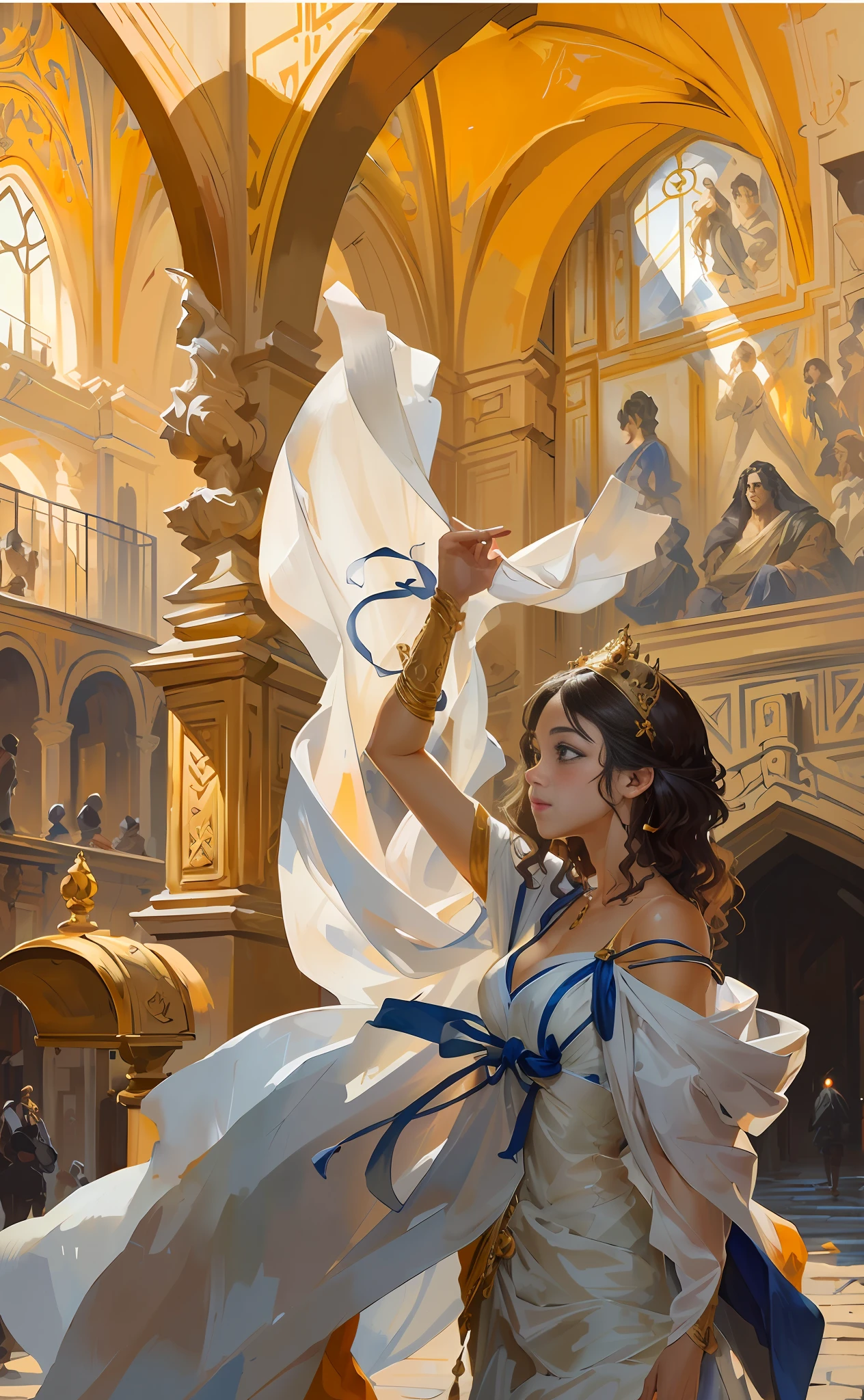 Model shooting style, (extremely detailed CG Unity 8k wallpaper), full-shot body photo of the most beautiful artwork in the world, stunning beautiful photo realistic available, super realistic super detailed photo, a beautiful girl as a female dancer entering the Loggia dei Lanzi of Florence,complex dress, banquet, crowd, [slight smile], (Sculpture of Hercules background), (princess eyes, shining pupils), detailed symmetrical beautiful hazel eyes, detailed gorgeous face, highly detailed, Vibrant, professional majestic oil painting by Ed Blinkey, Atey Ghailan, Studio Ghibli, Jeremy Mann, Greg Manchess, Antonio Moro, ArtStation Trends, CGSociety Trends, Complex, High Detail, Sharp Focus, Dramatic, Realistic Painting Art, by Midjourney and Greg Written by Rutkowski