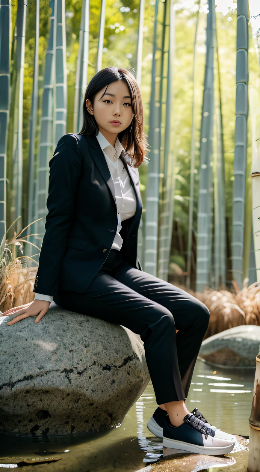 A girl in a black professional suit, suit pants, tie, sneakers sitting on a stone (all over the body) inside a bamboo forest with water around it