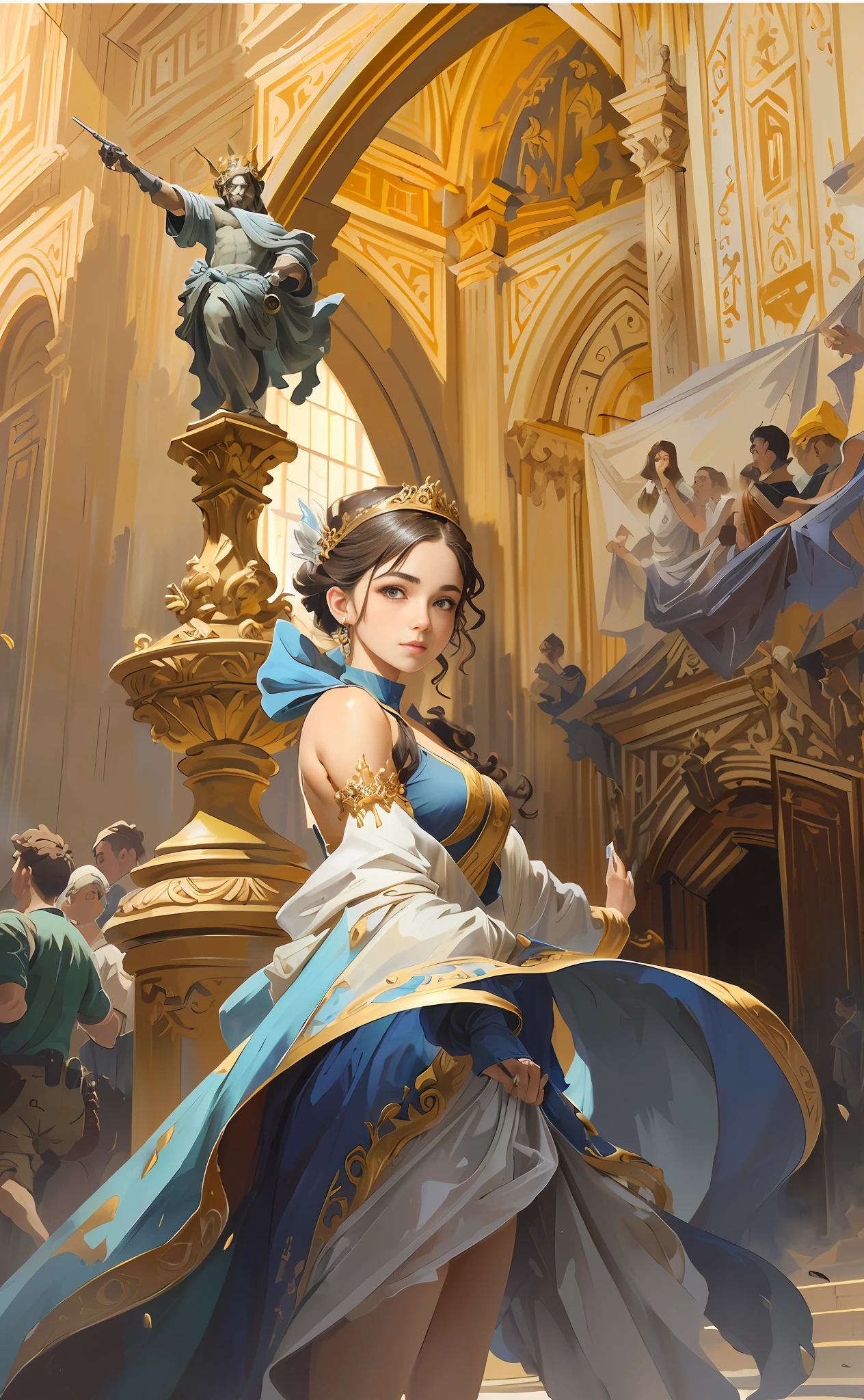 Model shooting style, (extremely detailed CG Unity 8k wallpaper), full-shot body photo of the most beautiful artwork in the world, stunning beautiful photo realistic available, super realistic super detailed photo, a beautiful girl as a female dancer entering the Loggia dei Lanzi of Florence,complex dress, banquet, crowd, [slight smile], (Sculpture of Hercules background), (princess eyes, shining pupils), detailed symmetrical beautiful hazel eyes, detailed gorgeous face, highly detailed, Vibrant, professional majestic oil painting by Ed Blinkey, Atey Ghailan, Studio Ghibli, Jeremy Mann, Greg Manchess, Antonio Moro, ArtStation Trends, CGSociety Trends, Complex, High Detail, Sharp Focus, Dramatic, Realistic Painting Art, by Midjourney and Greg Written by Rutkowski
