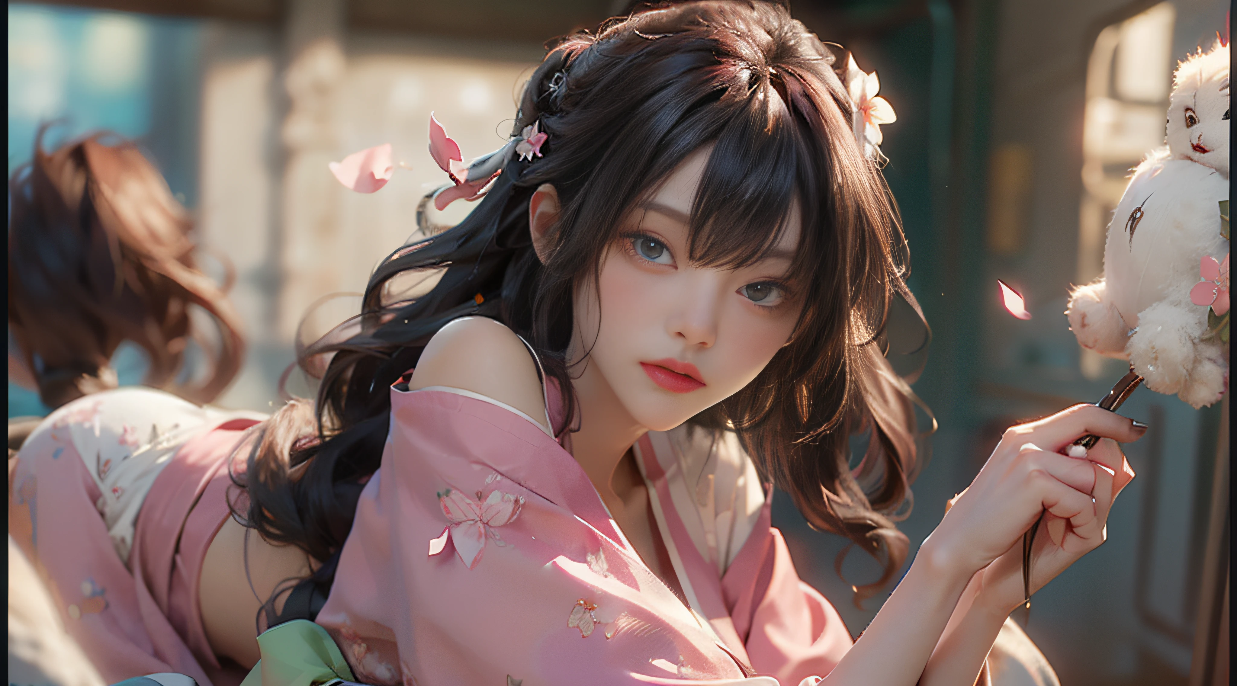 ((Best Quality)), ((Masterpiece)), (Detail: 1.4), 3D, Beautiful Cyberpunk Female Image, HDR (High Dynamic Range), Ray Tracing, NVIDIA RTX, Super Resolution, Unreal 5, Subsurface Scattering, PBR Texture, Post-Processing, Anisotropic Filtering, Depth of Field, Maximum Sharpness and Sharpness, Multi-layer Texture, Albedo and Highlight Mapping, Surface Coloring, Mitsu-Accurate Simulation of Material Interactions, Perfect Proportions, Octane Rendering, Two-color Light, Large Aperture, Low ISO, white balance, regular three-point, 8K RAW, beautiful bright pupils, flowing robes, fine pupils, delicate face and eyes, long eyelashes, blush, fluffy hair, pink lips, pure, cute, cherry blossom petals falling