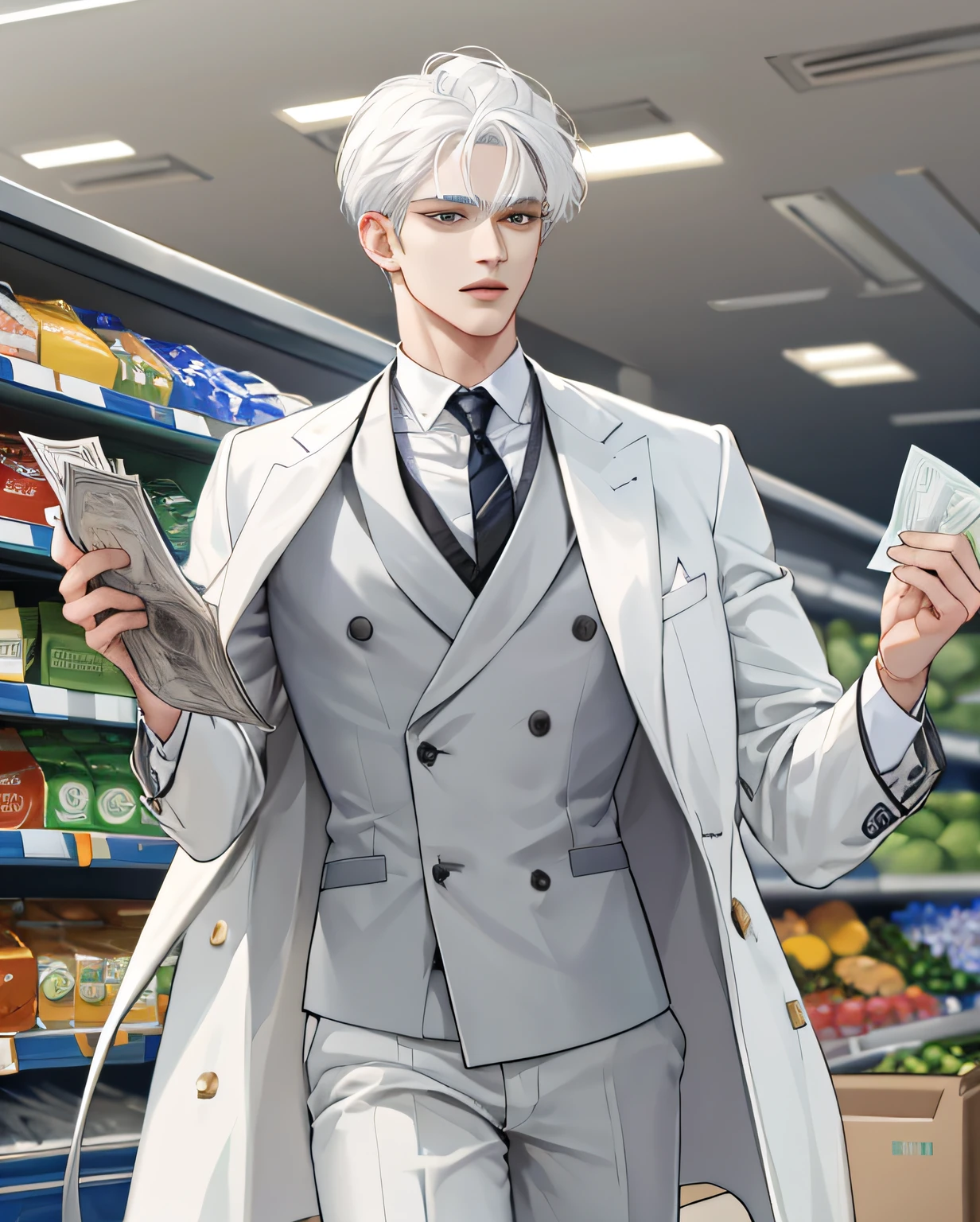 (extremely delicate handsome: 1.2), 8K, (masterpiece: 1.0), (best_quality: 1.0), man, white suit, handsome face, white hair, holding a banknote, intricate details, white hair, (shut up) inside the supermarket