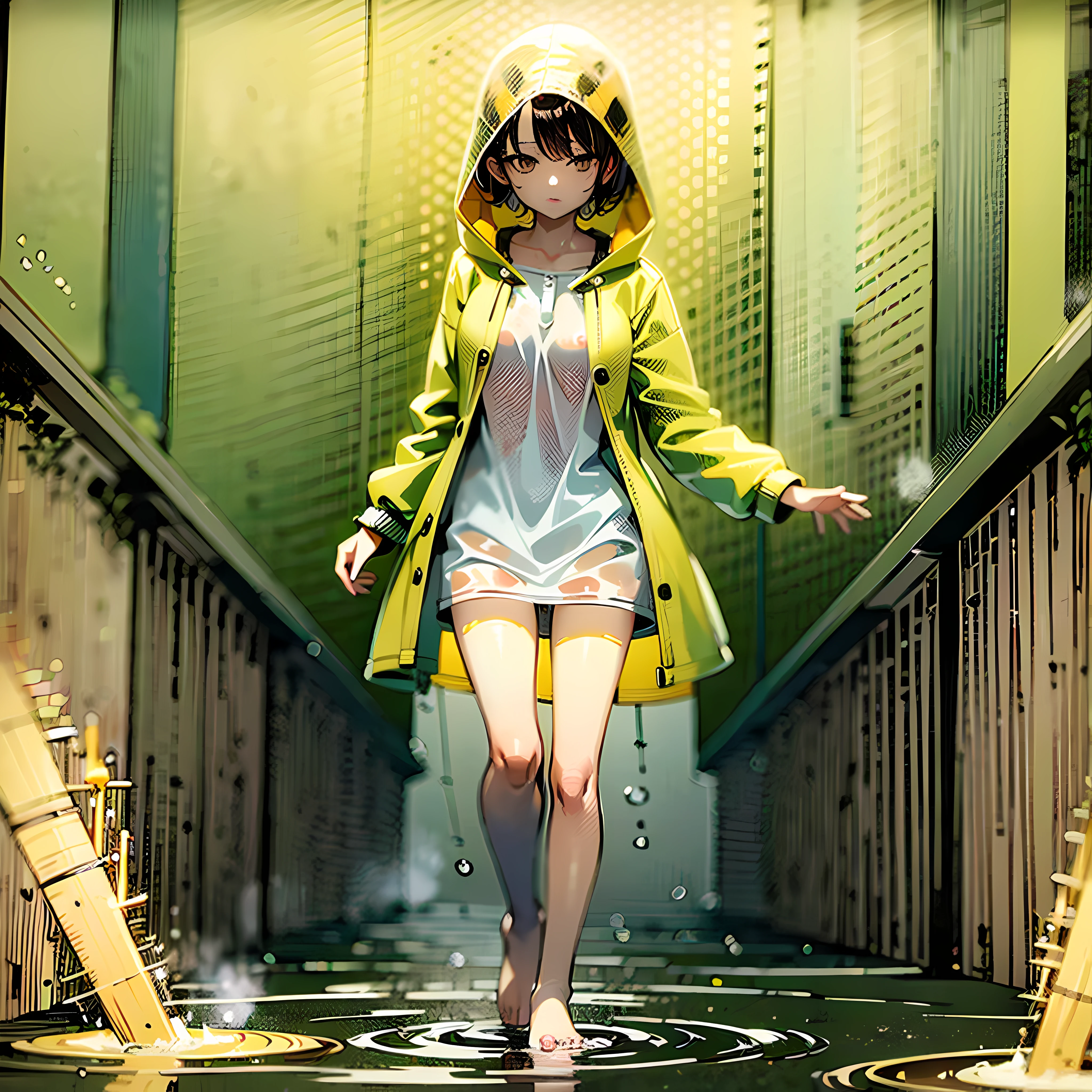 Yellow short translucent raincoat girl, wearing a raincoat hood, full body, standing posture, no underwear, no weapons, bare legs, bare feet, only one person appears in the picture, the picture is clear, optimize the picture details, 4K, the whole body is soaked, no umbrella