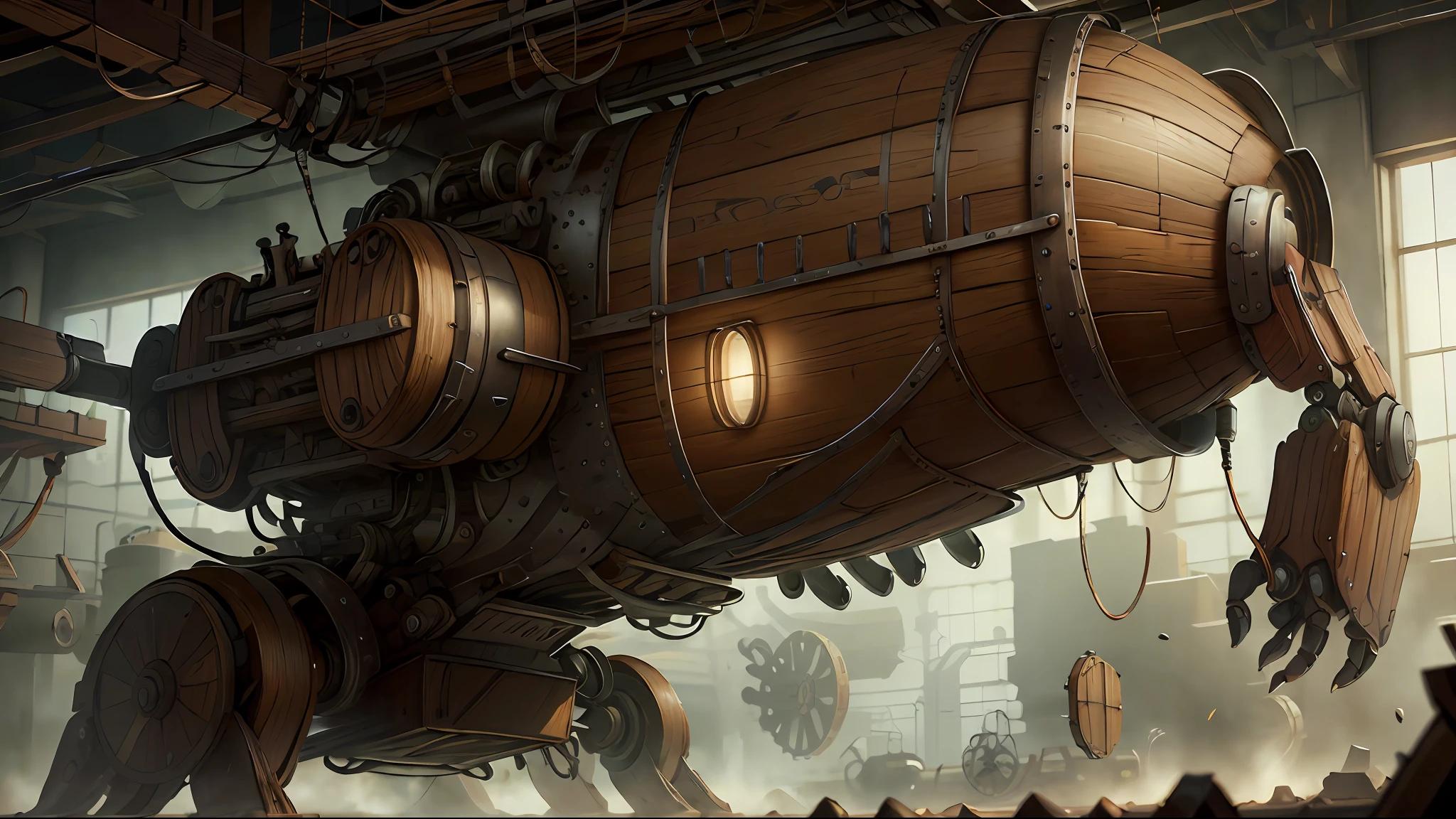 Wood and iron artificial intelligence, flying machines, flying robots, large robot tentacles at work, Tyndall light, volumetric light,
Factory. Detailed, intricate