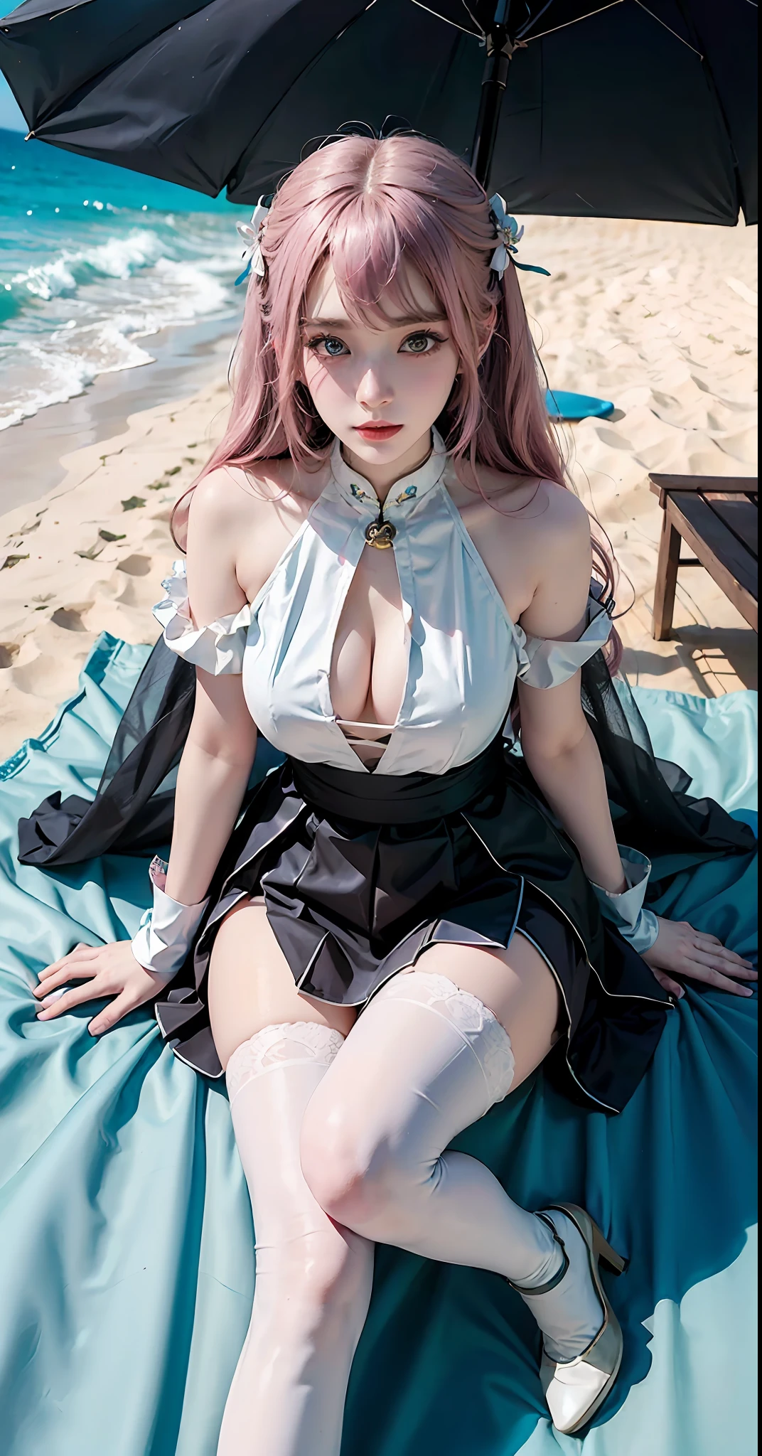 Arapei sitting on sun loungers, sun umbrella, pink hair and white cheongsam, black stockings, elegant and charming cosplay, anime girl cosplay, gorgeous cosplay, cute lazy princess, beauty Delfin, royal elegant pose, cosplay photos, anime goddess, thighs and skirts, sexy priest in magic beach, cute anime waifu wearing beautiful skirts,